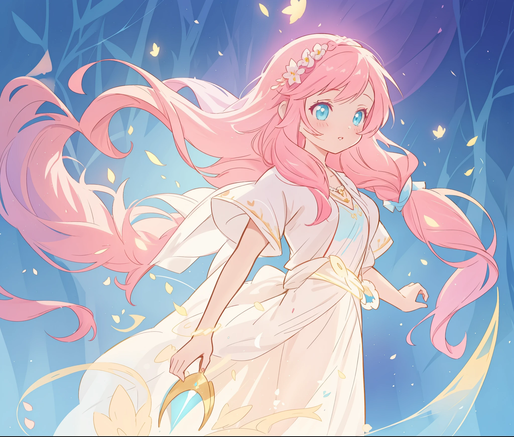 beautiful girl in white arabian style dress, long colorful pink hair, watercolor illustration, inspired by Glen Keane, inspired by Lois van Baarle, disney art style, by Lois van Baarle, glowing aura around her, by Glen Keane, jen bartel, glowing lights! digital painting, flowing glowing hair, glowing flowing hair, beautiful digital illustration, fantasia otherworldly landscape plants flowers, beautiful, masterpiece, best quality, anime disney style