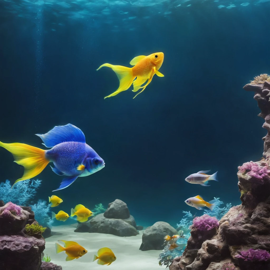 Aquarium, large tank, fish silhouette, school of small fish, underwater landscape, aquarium, beautiful environment, trend photography, underwater world, fish swimming, underwater light, water surface.