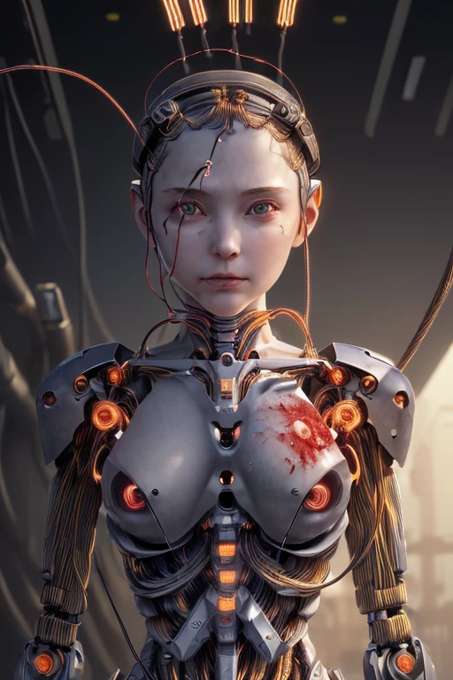 (((masterpiece))), ((best quality)), ((ultra-detailed)), (CG illustration), (an extremely devious and beautiful)), (cute desktop face), cinematic light, ((1 mechanical girl)), single, full, (machine-made joints). : 1.4), ((mechanical limb)), (blood vessel attached to tube), ((mechanical spine attached to back)), ((mechanical cervical vertebrae attached to neck), ((war machine)), expressionless, (wires and cables attached to head and body: 1.5), (character focus), science fiction