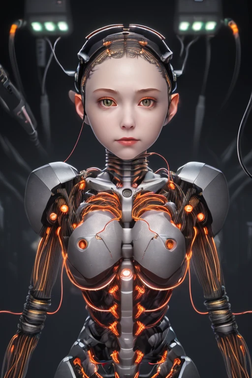 (((masterpiece))), ((best quality)), ((ultra-detailed)), (CG illustration), (an extremely devious and beautiful)), (cute desktop face), cinematic light, ((1 mechanical girl)), single, full, (machine-made joints). : 1.4), ((mechanical limb)), (blood vessel attached to tube), ((mechanical spine attached to back)), ((mechanical cervical vertebrae attached to neck), ((war machine)), expressionless, (wires and cables attached to head and body: 1.5), (character focus), science fiction