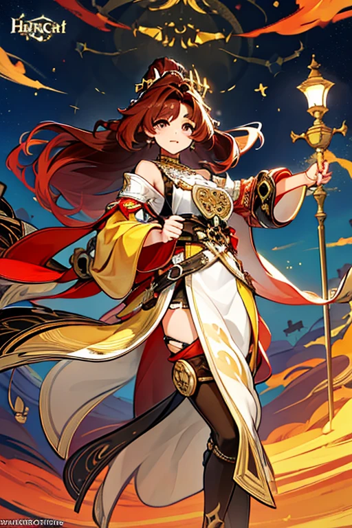 (Masterpiece: 1.5, best quality, high resolution: 1.3, super resolution, super detailed, ultra detailed: 1.3, rich background: 1.2, 1 woman)) brown skin + red hair + long fluffy hair + gray eyes + long eyelashes + no fringe + feminine body + defined figure + medium chest + wide hips + thick thighs (wide and long pants, sandals, intricate top, fabric hanging from her shoulder to her hip, weapons hanging from her hip, tribal accessories, intricate details, pyro vision hanging from a thick necklace) ((cheerful expression, holds her travel bag, standing on her two legs, solar lighting trees in the background, traveling scholar) (colors of clothing and accessories: white, black, red, cream, gold)