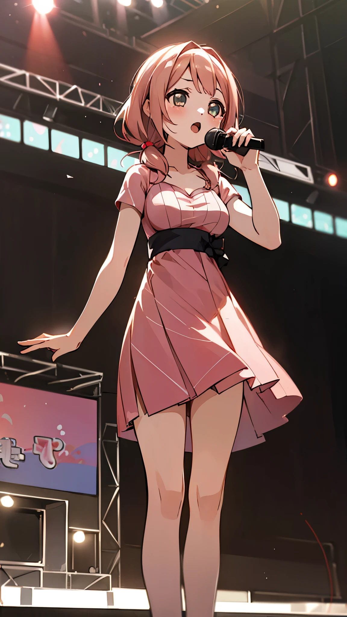 ((masterpiece, best quality)),very detailed, simple eyes, ((((outdoors,standing)))),(((medium breasts))),himari uehara, 1girl, (((kawai dress))), (((sing))), (((stage live live))), (((use microphone))),