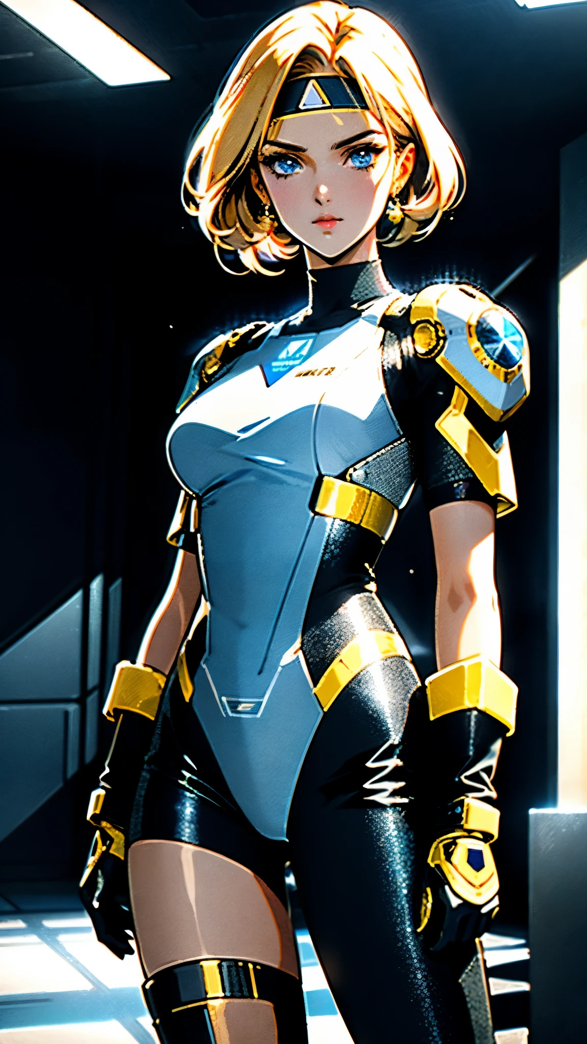 A girl with short light golden hair, a metal headband on her forehead, an icy gaze, a detached expression, a smooth and exquisite facial appearance, a sci-fi military uniform, white as the main color, complemented by blue and yellow accents, short sleeves, gloves, short skirt integrated with the outfit, dark fitted pants, knee-high military boots, standing in a futuristic sci-fi-styled room, Surrounded by AR virtual interfaces, this character embodies a finely crafted a futuristic sci-fi female officer in anime style, exquisite and mature manga art style, high definition, best quality, highres, ultra-detailed, ultra-fine painting, extremely delicate, professional, anatomically correct, symmetrical face, extremely detailed eyes and face, high quality eyes, creativity, RAW photo, UHD, 8k, Natural light, cinematic lighting, masterpiece-anatomy-perfect, masterpiece:1.5