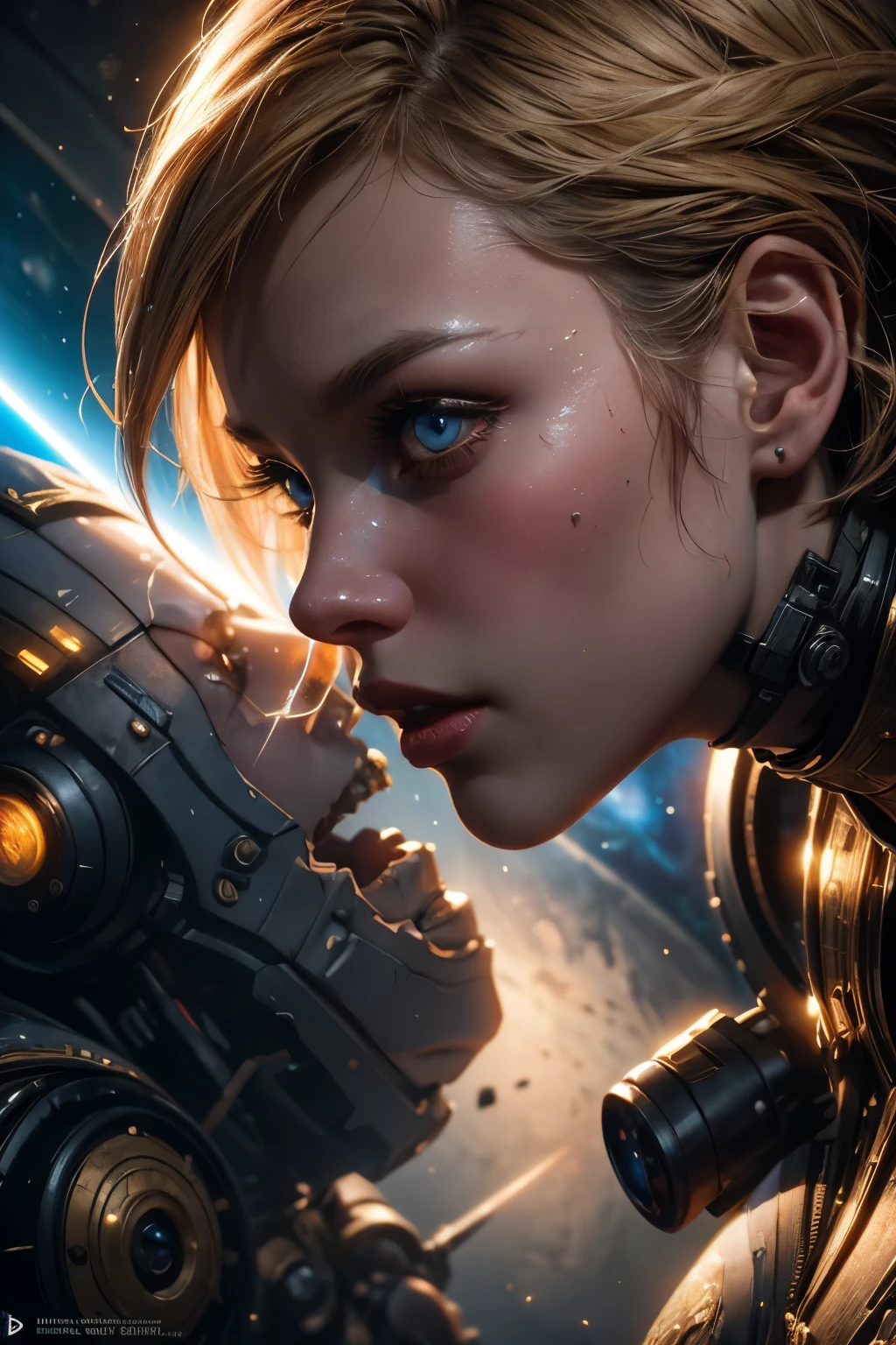 Highly detailed RAW color photo, beautiful young woman, short blonde hair, dynamic pose, (wide hips), (detailed skin), (detailed lips), (detailed eyes), (cosmic: 1.4), (necropolis: 1.1), (science fiction setting) (detailed face), (curvy), red clothing, detailed eyes, chromatic aberration, depth of field, soft lighting, masterpiece, best quality, intricate, (lens reflection: 0.7), (flowering: 0.7), particle effects, ray tracing,  tone mapping, highly detailed, concept art, smooth, sharp focus, dramatic lighting, highly detailed art, cinematic, hyper-realistic painting, trending on Artstation, 8K, amazing shadows, realistic, (highly detailed background: 1.2), mid-journey art