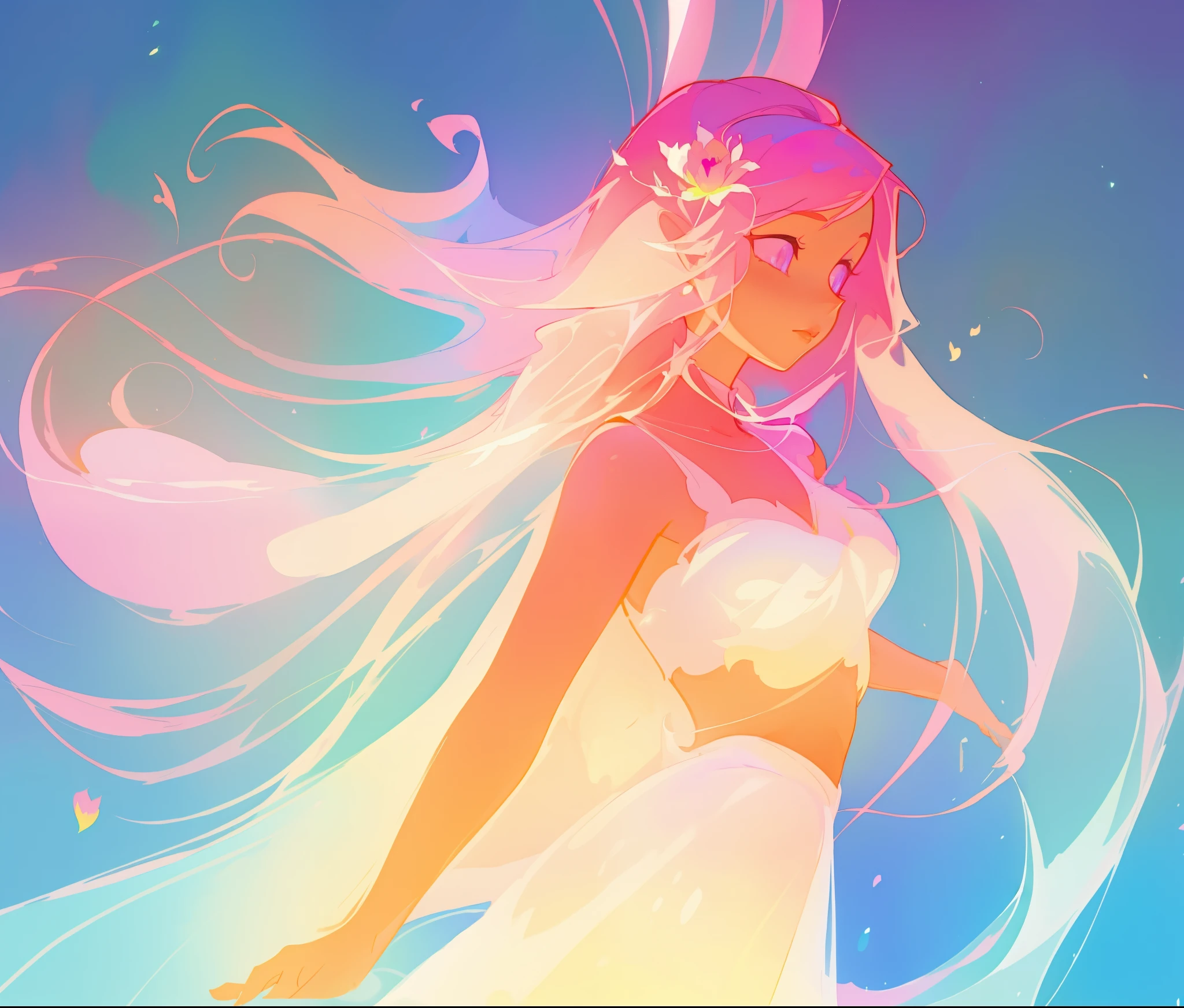 beautiful girl in white arabian style dress, long colorful pink hair, watercolor illustration, inspired by Glen Keane, inspired by Lois van Baarle, disney art style, by Lois van Baarle, glowing aura around her, by Glen Keane, jen bartel, glowing lights! digital painting, flowing glowing hair, glowing flowing hair, beautiful digital illustration, fantasia otherworldly landscape plants flowers, beautiful, masterpiece, best quality, anime disney style
