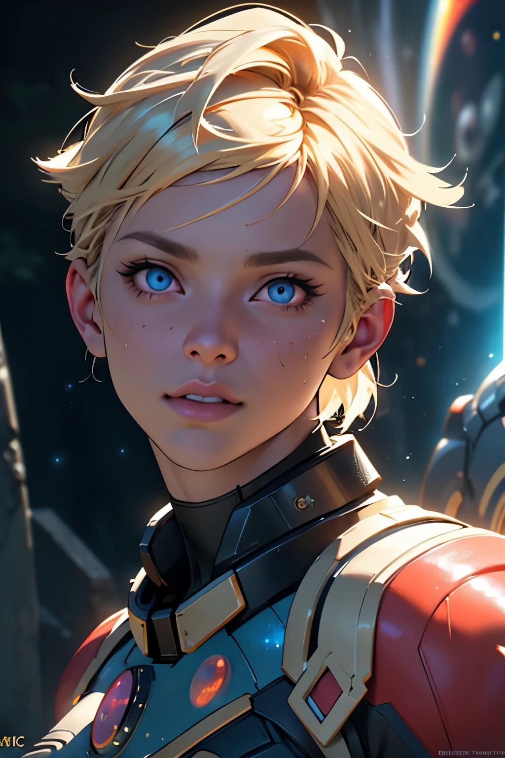 Highly detailed RAW color photo, beautiful young woman, short blonde hair, dynamic pose, (wide hips), (detailed skin), (detailed lips), (detailed eyes), (cosmic: 1.4), (necropolis: 1.1), (science fiction setting) (detailed face), (curvy), red clothing, detailed eyes, chromatic aberration, depth of field, soft lighting, masterpiece, best quality, intricate, (lens reflection: 0.7), (flowering: 0.7), particle effects, ray tracing,  tone mapping, highly detailed, concept art, smooth, sharp focus, dramatic lighting, highly detailed art, cinematic, hyper-realistic painting, trending on Artstation, 8K, amazing shadows, realistic, (highly detailed background: 1.2), mid-journey art
