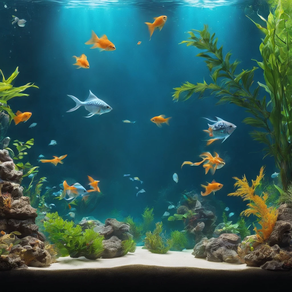 Aquarium, large aquarium, backlighting, school of small fish, underwater landscape, aquarium, beautiful environment, trending photography, underwater world, fish swimming, underwater light, water surface.
