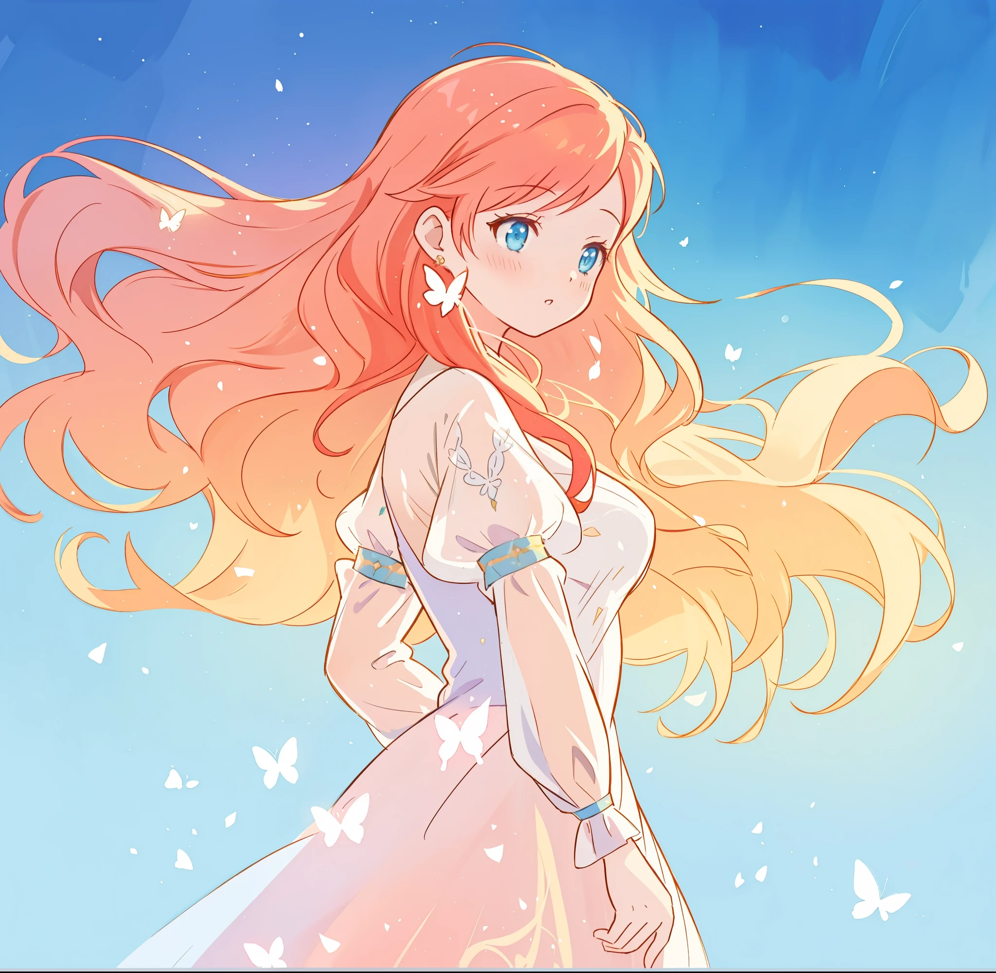 beautiful girl in white flowing dress with sheer butterfly sleeves, long gold and red hair, watercolor illustration, inspired by Glen Keane, inspired by Lois van Baarle, disney art style, by Lois van Baarle, glowing aura around her, by Glen Keane, jen bartel, glowing lights! digital painting, flowing glowing hair, glowing flowing hair, beautiful digital illustration, fantasia otherworldly landscape plants flowers, beautiful, masterpiece, best quality, anime disney style