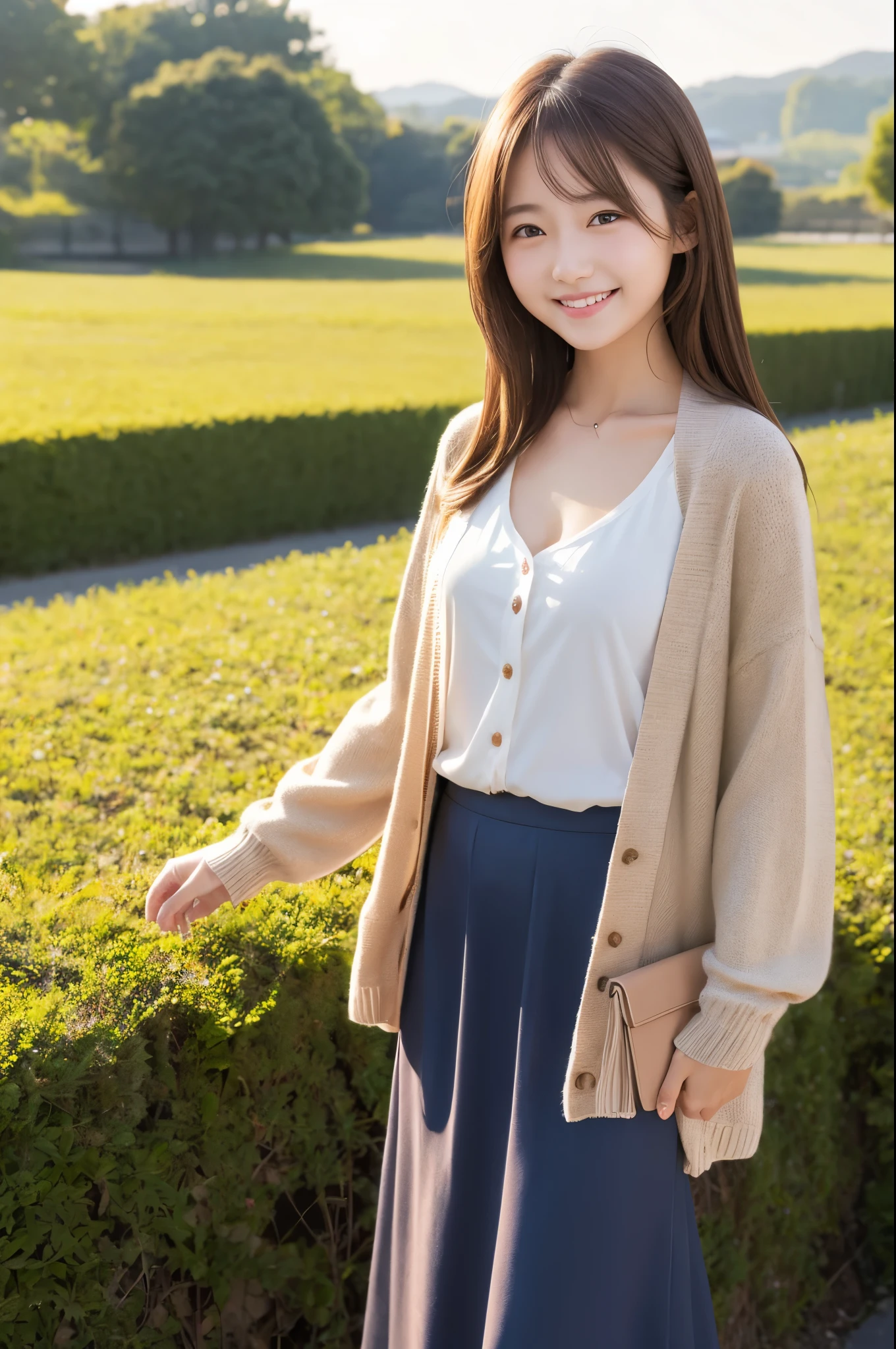 ultra high resolution、realistic pictures、1 girl、japanese girl、cardigan、long skirt、smile、outdoor、whole body、light brown hair