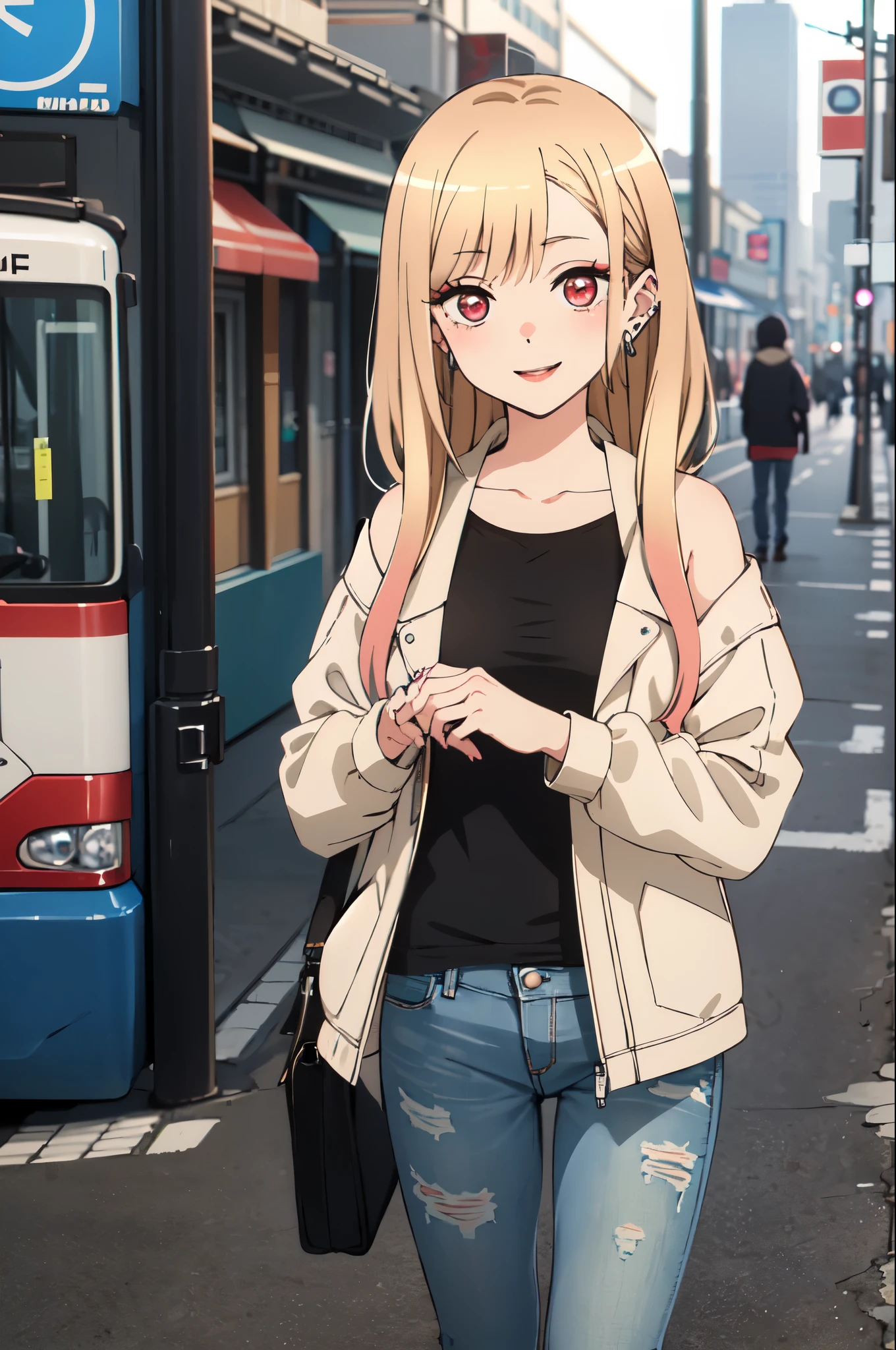 highest quality, (masterpiece:1.2), become familiar with,
Kitagawa Marine SB,
1 girl, alone, close your mouth, smile, lips long hair, blonde hair, red eyes, colorful hair, earrings,
Are standing, looking at the viewer、city、white tank top、jeans、(pastel colored winter outerwear)