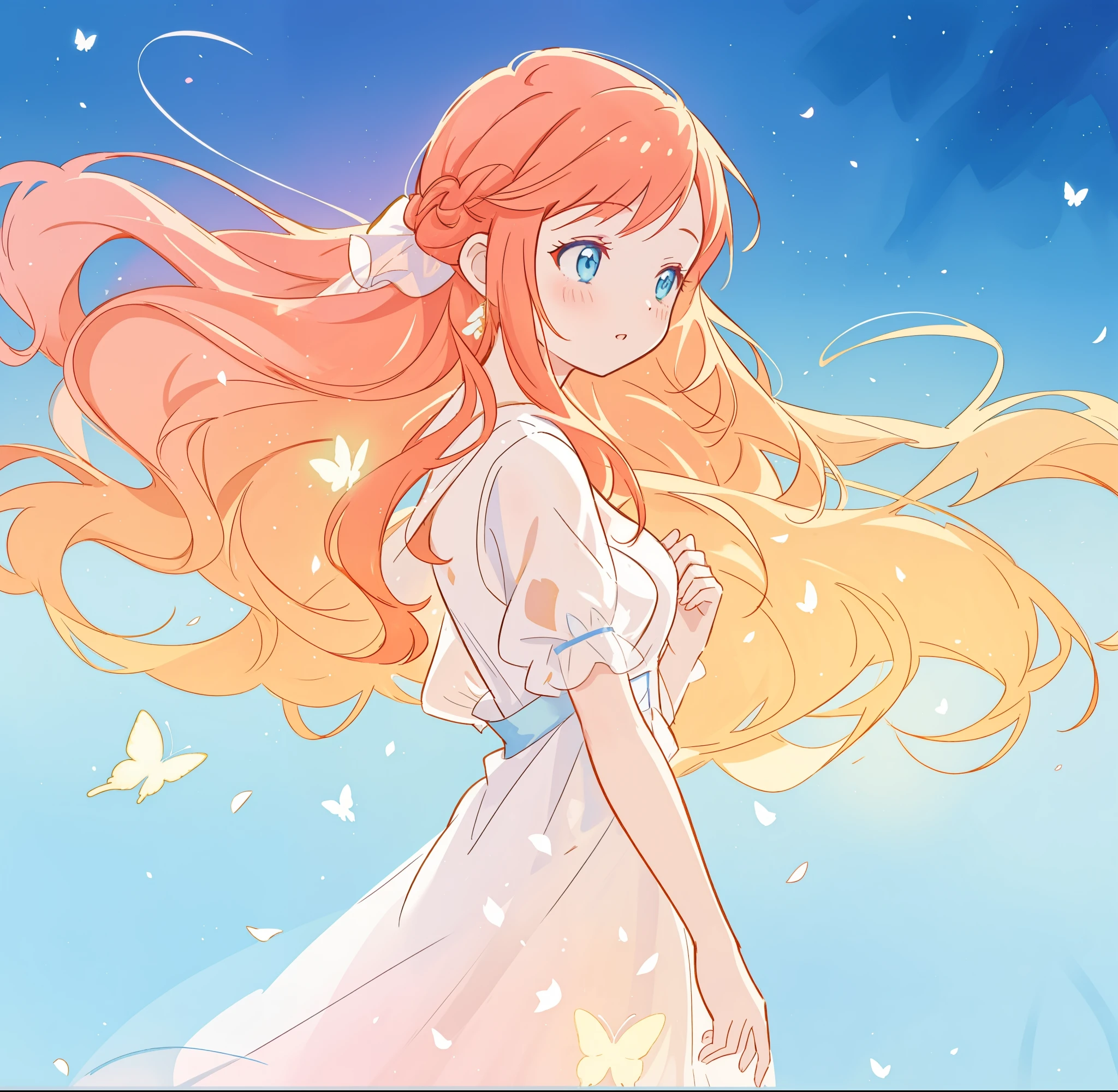 beautiful girl in white flowing dress with sheer butterfly sleeves, long gold and red hair, watercolor illustration, inspired by Glen Keane, inspired by Lois van Baarle, disney art style, by Lois van Baarle, glowing aura around her, by Glen Keane, jen bartel, glowing lights! digital painting, flowing glowing hair, glowing flowing hair, beautiful digital illustration, fantasia otherworldly landscape plants flowers, beautiful, masterpiece, best quality, anime disney style
