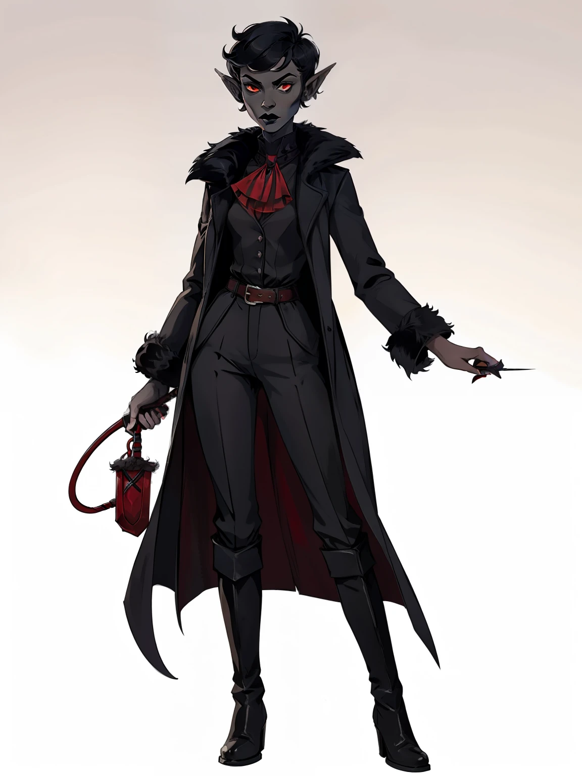 vector, full body portrait, 1girl, short hair, pixie cut, combed hair, forehead, drow, (gray skin), black lipstick, fur coat, red high-collared shirt, ascot, high collar, red undercoat, pants, solo, blank background, white background, outside, gothic fantasy art, long ears, pointy ears, high laced boots, bullwhip, flat-chested, riding crop strap, bullwhip