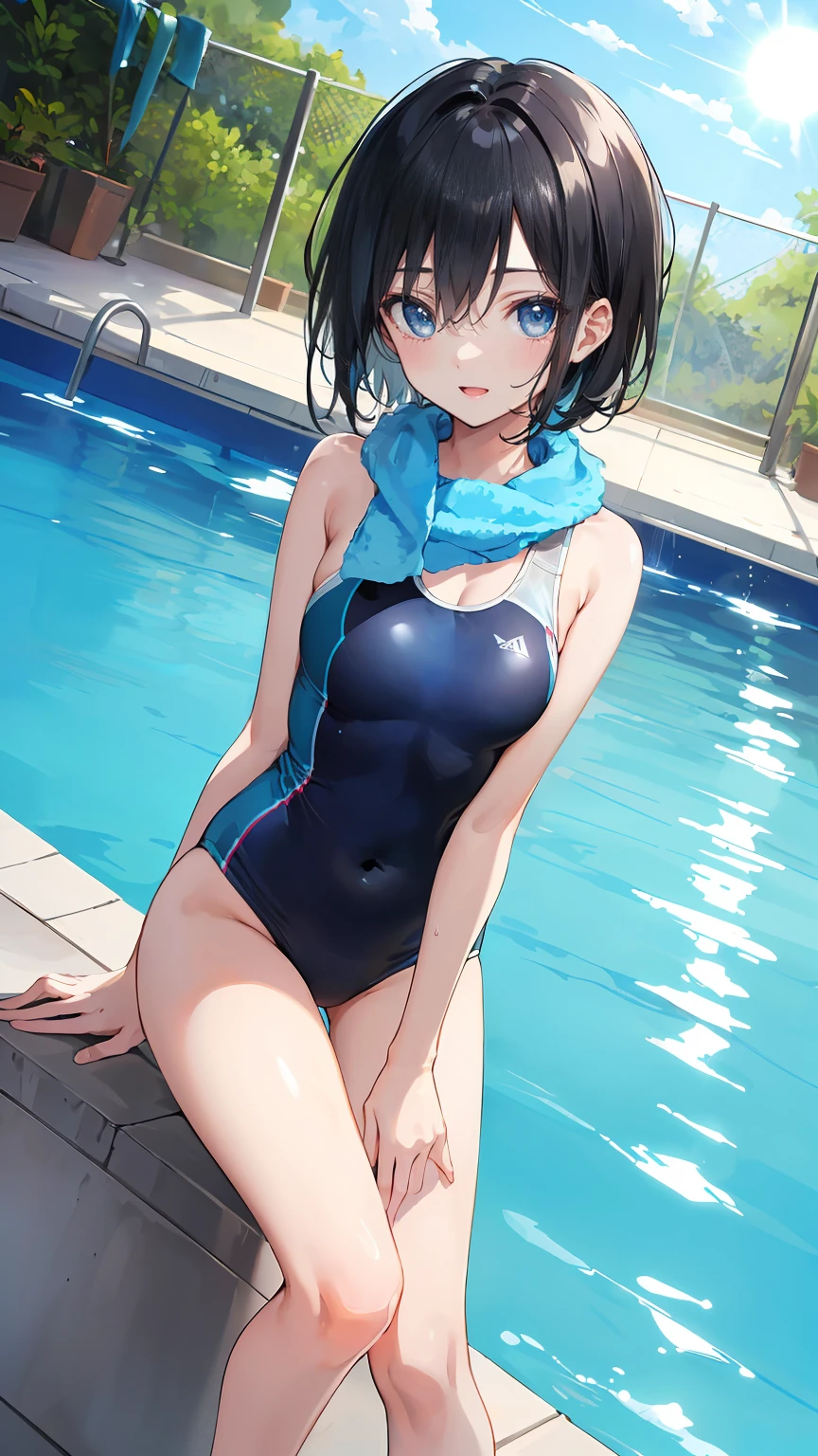 ((8Kmasterpiece,highest quality)), ultra high resolution, (masterpiece: 1.4), hyper detail, (((1 girl))),Watery eye,beautiful and delicate eyes,light blue eyes,Big eyes,shining eyes of light,Thin and long eyelashes,detailed light,beautiful face, ,((black hair)),((short hair)),shy smile,open your mouth,slender body,(navy competition swimsuit),(He has a blue towel wrapped around his neck...),sports drink,pool,sun,summer,whole body,(beautiful feet),Looking down on the viewer,(Low - Angle)