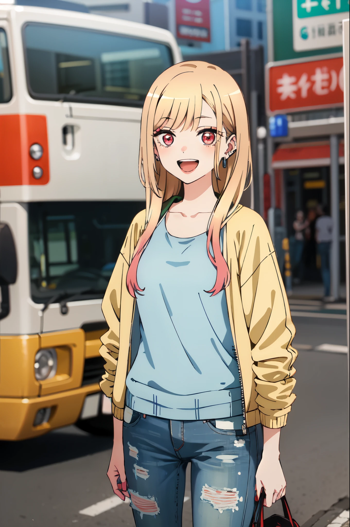 highest quality, (masterpiece:1.2), be familiar with,
Kitagawa Marine SB,
1 girl, alone, open your mouth, smile, teeth,
long hair, blonde hair, red eyes, colorful hair, earrings,
Are standing, looking at the viewer,city、white tank top、jeans、(pastel colored down jacket)