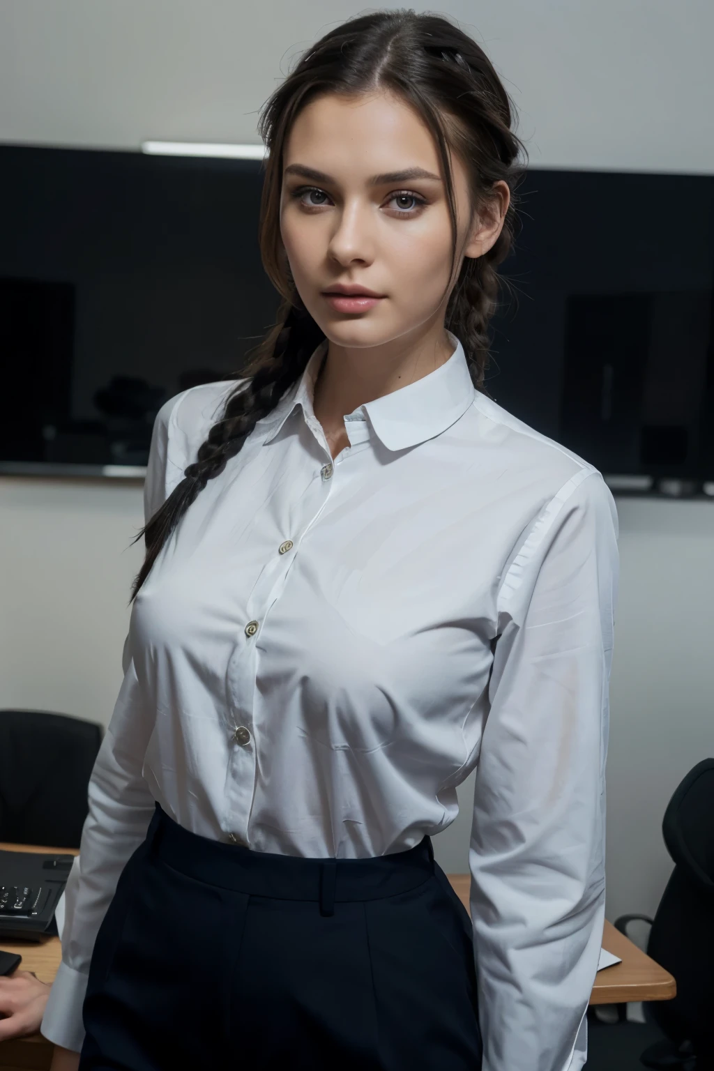 photo of a sexy russian female model, black hair, wearing navy blue corporate attire, posing like a model, in the office, braid, UHD, masterpiece, high quality, best quality, highres, retina, UHD, masterpiece, textured skin, high quality, best quality, highres, UHD, masterpiece, high quality, best quality, highres