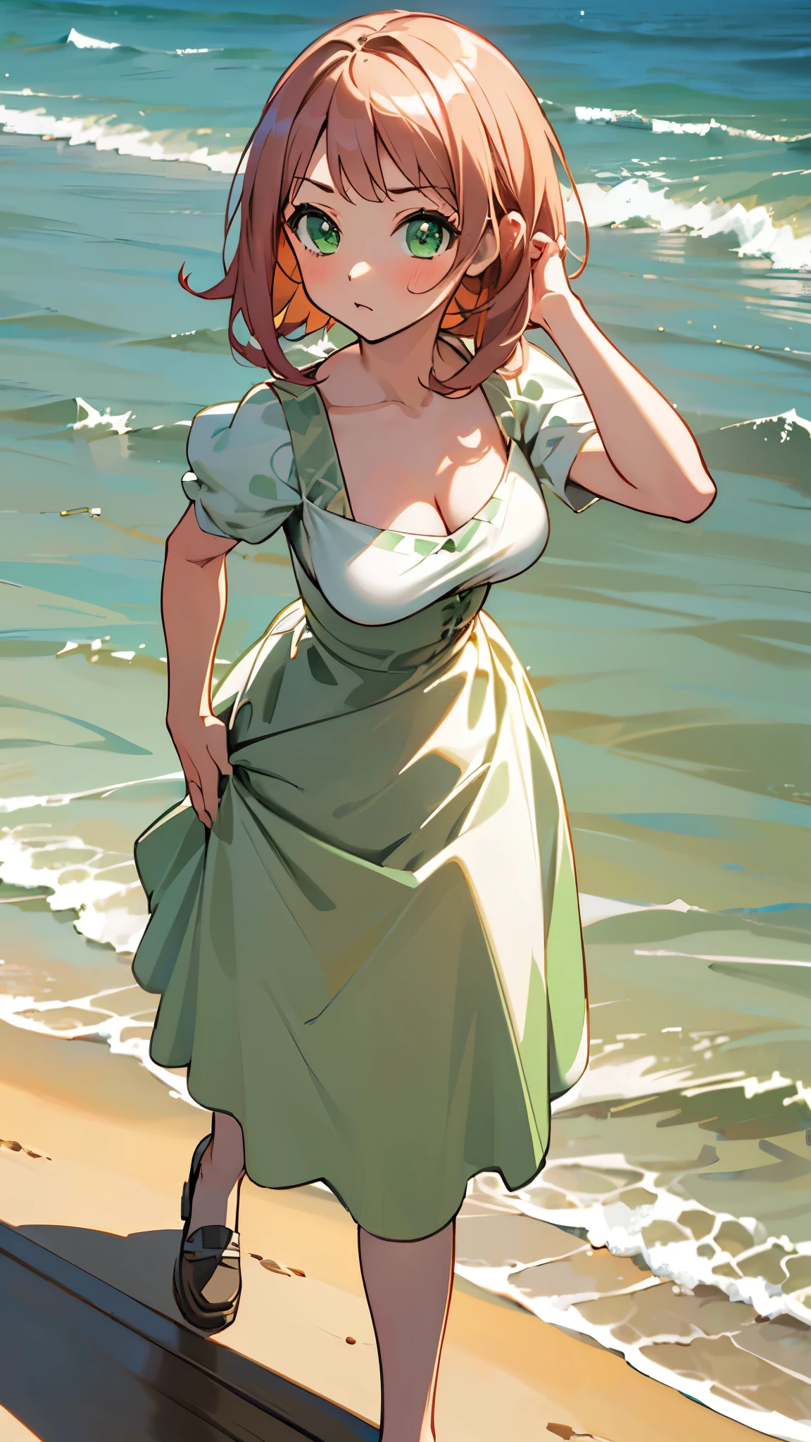 ((masterpiece, best quality)),very detailed, simple eyes, ((((outdoors,standing)))),(((green eyes))),(((medium breasts))),himari uehara, 1girl, (((dress))), (((beach))), (((pose from up))),