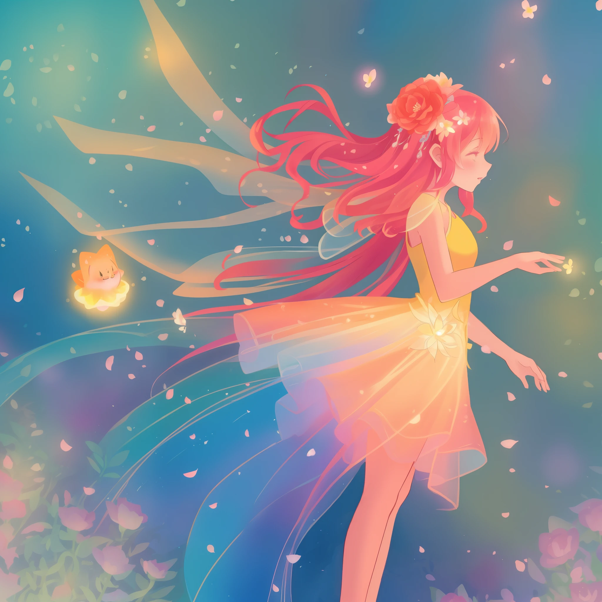 beautiful girl in tiered gradient ballgown dress, gradient colorful dress, ((layered flower petal skirt)), fairy dress, fairy queen, magical forest background, (glowing fairy wings), glowing flowing ballgown, long wavy hair, sparkling fairy wings, watercolor illustration, flowers and colorful plants, inspired by Glen Keane, inspired by Lois van Baarle, disney art style, by Lois van Baarle, glowing aura around her, by Glen Keane, jen bartel, glowing lights! digital painting, flowing glowing hair, glowing flowing hair, beautiful digital illustration, fantasia otherworldly landscape plants flowers, beautiful, masterpiece, best quality, anime disney style