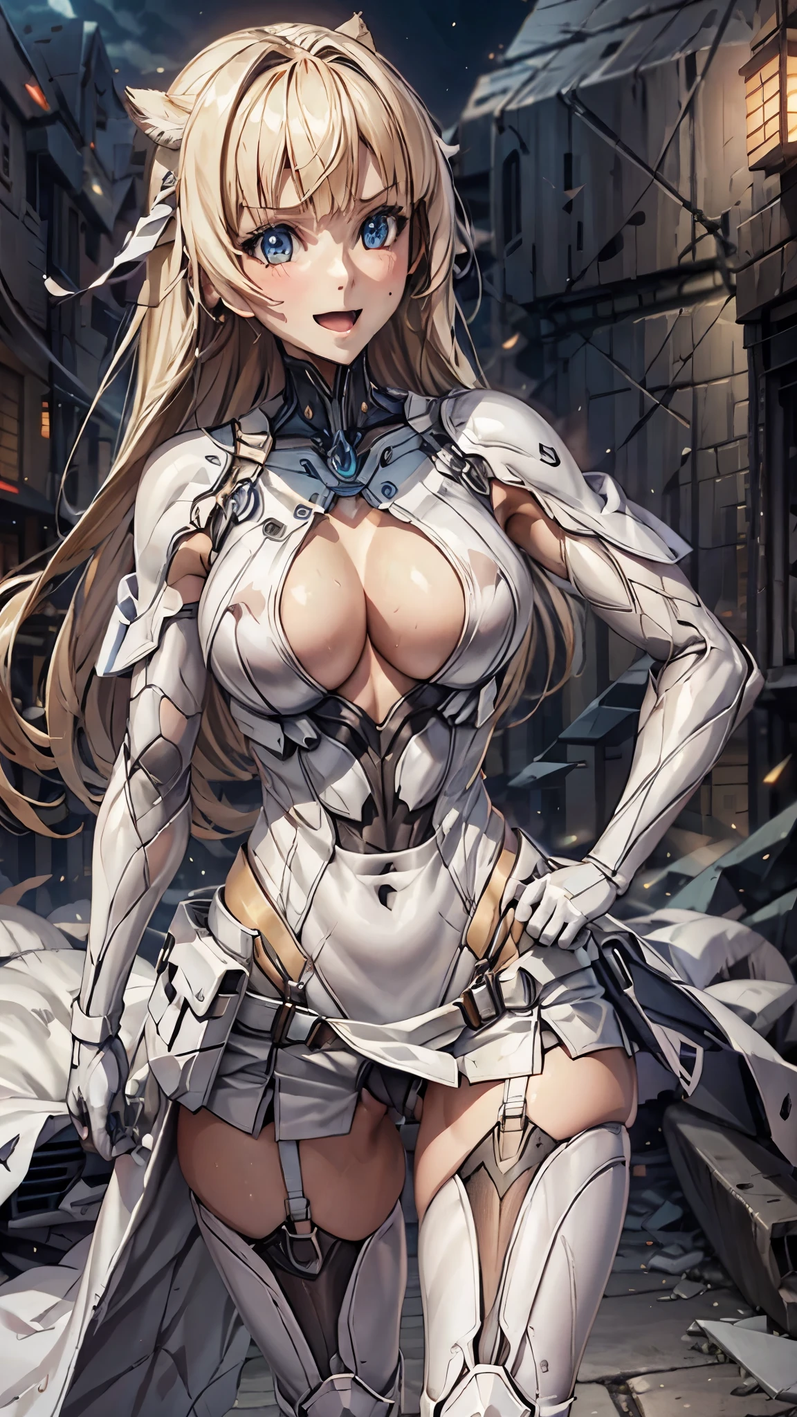 woman,20-year-old,,city,night,((white tight miniskirt bodysuit)),(Harada Makoto),open mouth smile,(((See-through))),((blonde)),long hair