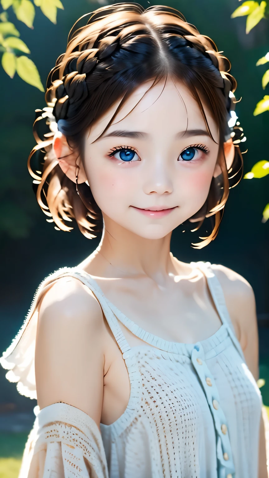 one woman、cute face、Rin々new expression、Japanese、charming eyes、Cream hair、french braid、short hair、camisole dress、blue outerwear、outdoor、