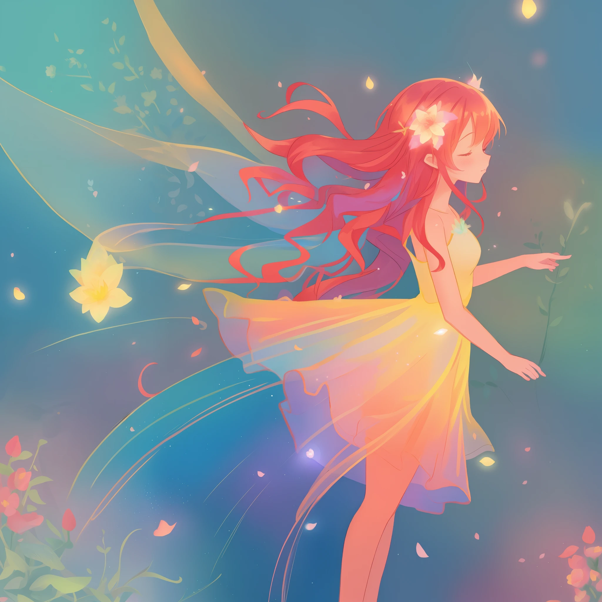 beautiful girl in tiered gradient ballgown dress, gradient colorful dress, ((layered flower petal skirt)), fairy dress, fairy queen, magical forest background, (glowing fairy wings), glowing flowing ballgown, long wavy hair, sparkling fairy wings, watercolor illustration, flowers and colorful plants, inspired by Glen Keane, inspired by Lois van Baarle, disney art style, by Lois van Baarle, glowing aura around her, by Glen Keane, jen bartel, glowing lights! digital painting, flowing glowing hair, glowing flowing hair, beautiful digital illustration, fantasia otherworldly landscape plants flowers, beautiful, masterpiece, best quality, anime disney style