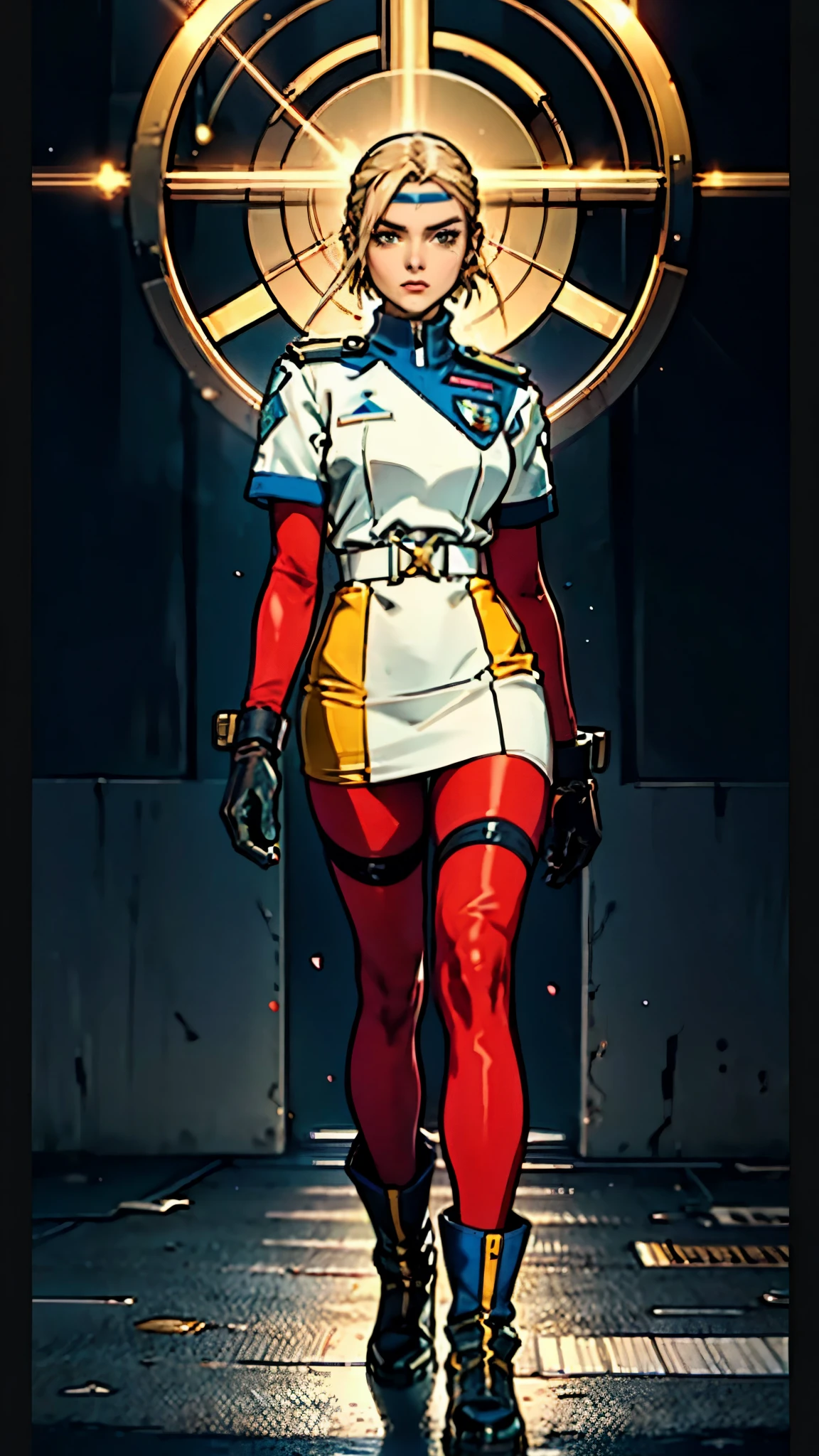 A girl with short light golden hair, a metal headband on her forehead, an icy gaze, a detached expression, a smooth and exquisite facial appearance, a sci-fi military uniform, white as the main color, complemented by blue and yellow accents, short sleeves, gloves, short skirt integrated with the outfit, dark fitted pants, knee-high military boots, standing in a futuristic sci-fi-styled room, Surrounded by AR virtual interfaces, this character embodies a finely crafted a futuristic sci-fi female officer in anime style, exquisite and mature manga art style, high definition, best quality, highres, ultra-detailed, ultra-fine painting, extremely delicate, professional, anatomically correct, symmetrical face, extremely detailed eyes and face, high quality eyes, creativity, RAW photo, UHD, 8k, Natural light, cinematic lighting, masterpiece-anatomy-perfect, masterpiece:1.5