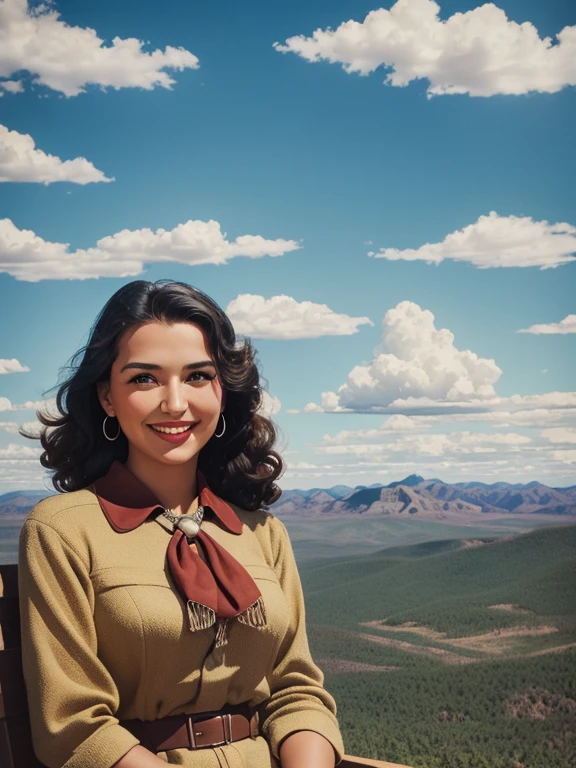 1940s poster, gorgeous choctaw woman, oklahoma mountain range in distance, blue sky, light clouds, smiling