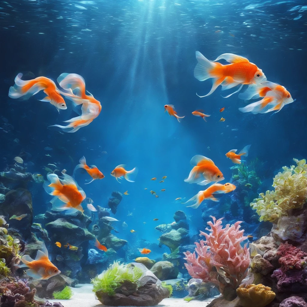Aquarium, large aquarium, backlight, school of small fish, underwater landscape, aquarium, beautiful environment, trending photography, underwater world, fish swimming, underwater light, water surface, beautiful light, blue world.
