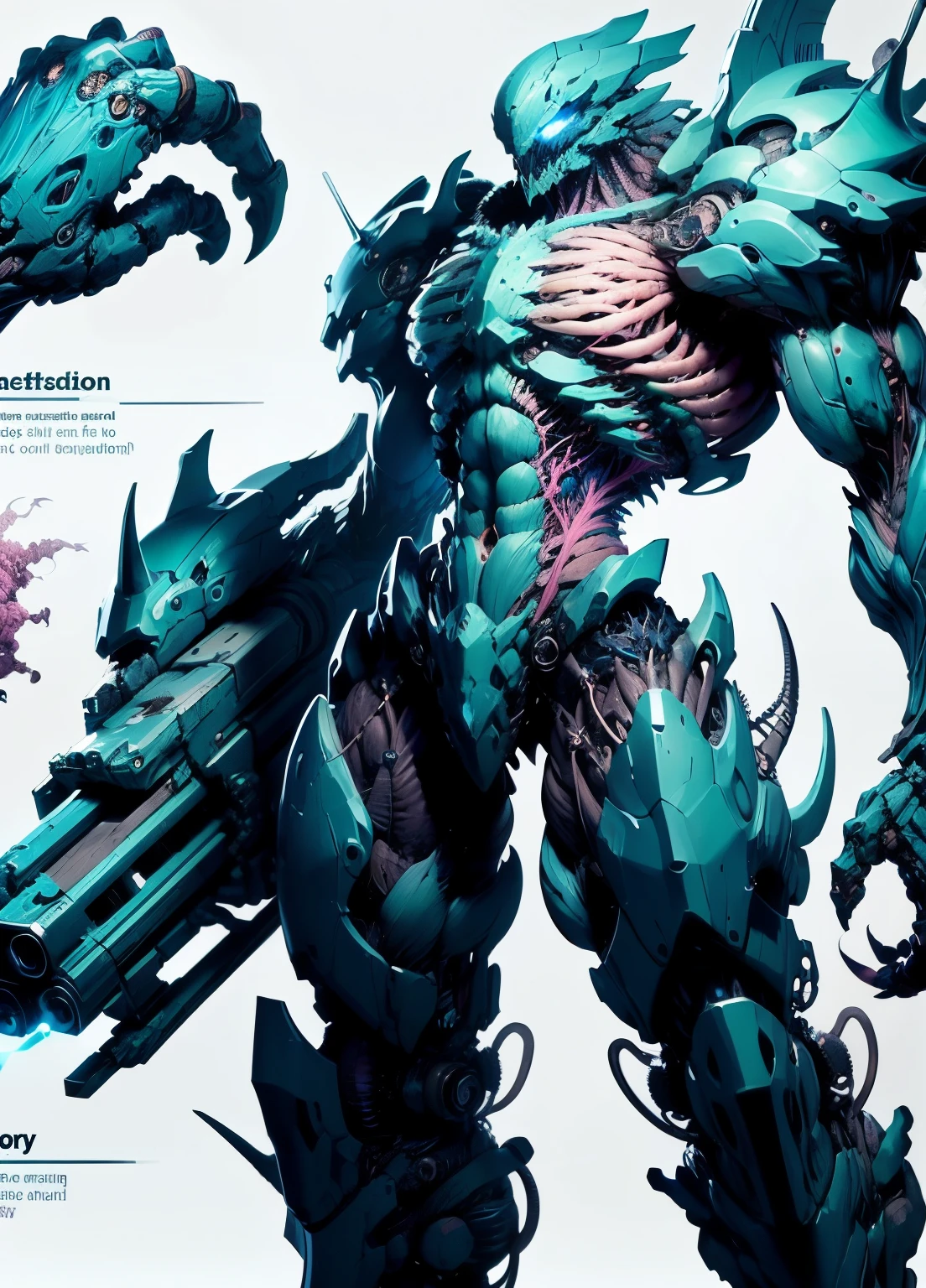 detailed, ultra-detailed, masterpiece, 8k wallpaper,(bio mecha:1.5),(mecha:1.4),
, (muscle:1.3), (muscle tissue:1.5), (colorful mecha:1.4)
(dramatic angle:1.3),(dynamic angle,:1.2), (mecha design (de):1.6), (mdde:1.3),
weapon, no humans, spikes, mecha, arm cannon,  tail, solo, blue mecha, science fiction, standing, holding, glowing, electricity, teeth, holding gun, blue eyes, monster, simple background, sharp teeth, english text, claw