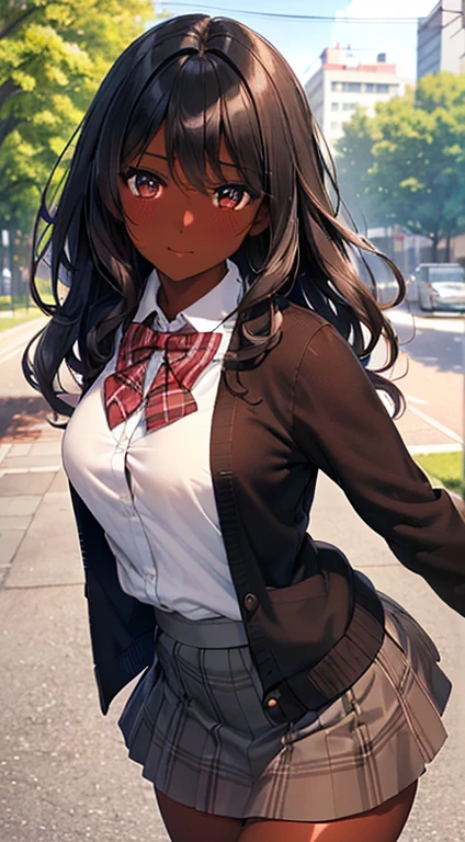 ((desktop, best quality, high quality, art, high resolution, nffsw, detailed, pixel perfect, perfect, detailed, absurd, ultra 8K HD, nffsw, nffsw))), 1 dark skinned woman, black girl,high quality,beautiful black girl, single, alone, beauty、full body seen、((medium wavy hair, bangs, bright olive skin, black hair, dark skin)), ((brown eyes, beautiful eyelashes, olive skin, realistic eyes)), ((detailed face , blush: 1.2)), ((soft texture: 0.75, realistic texture: 0.65, photorealistic: 1.1, CG anime style)), medium breasts, dynamic angle, beautiful and perfect body, (( red bow tie, school uniform, black jacket , open jacket, brown cardigan, white shirt, black skirt, plaid skirts)), in a park with trees and flowers、Looking at the viewer、Very embarrassing panic smile,wallpaper, I turned around、leaning forward、(The wind blew my skirt and exposed my butt. ........ . .. .. ... ..、Touch the buttocks with both hands、White panties) 、