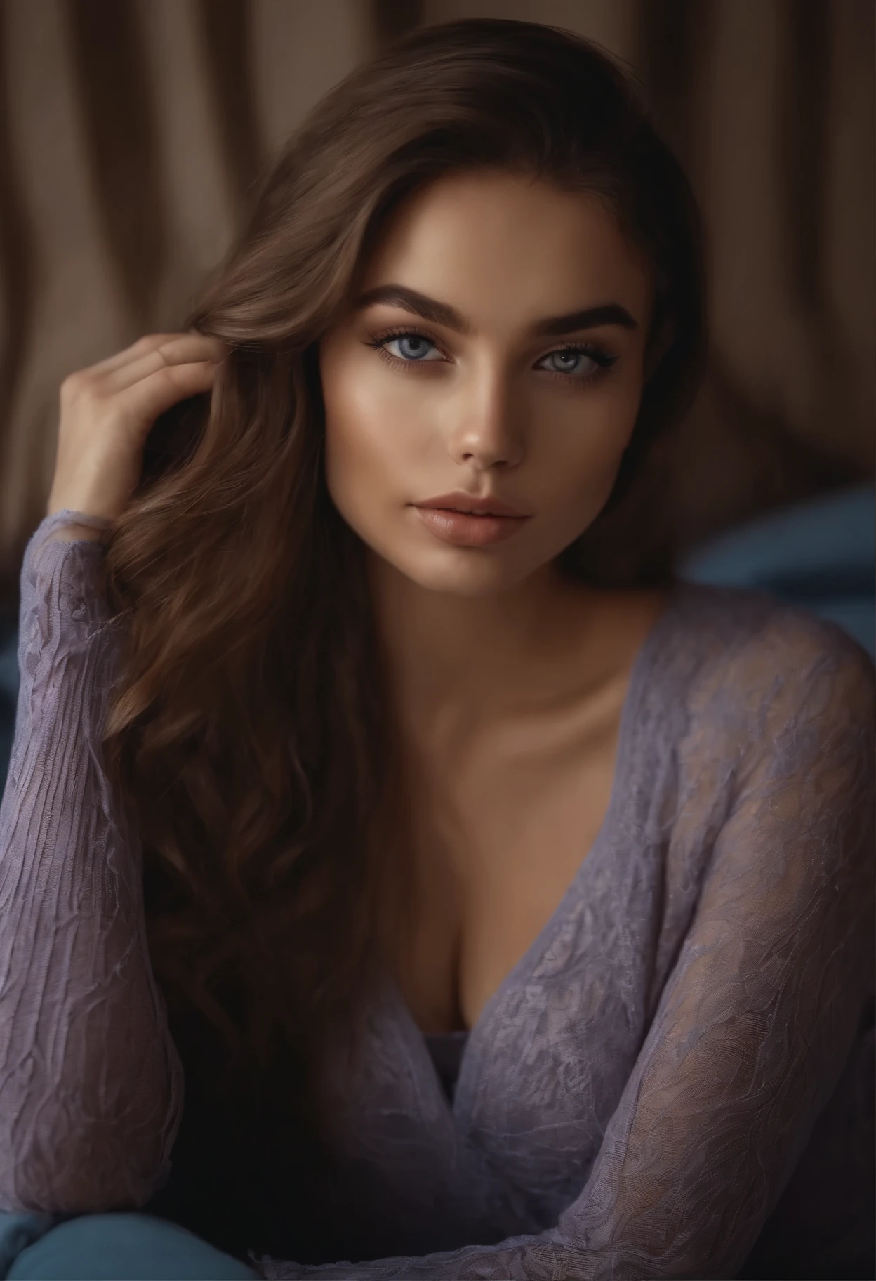 Arafed woman completely , fille sexy aux yeux bruns, ultra realist, Meticulously detailed, natural, Reality, sublime, Portrait Sophie Mudd, cheveux bruns et grands yeux, teen, jeune femme, yeux mielleux, Violet Myers, sans maquillage, maquillage naturel, looking straight at camera, Visage avec Artgram, Maquillage subtil, Great photo of the whole body kneeling on the bed, dans la chambre, visage