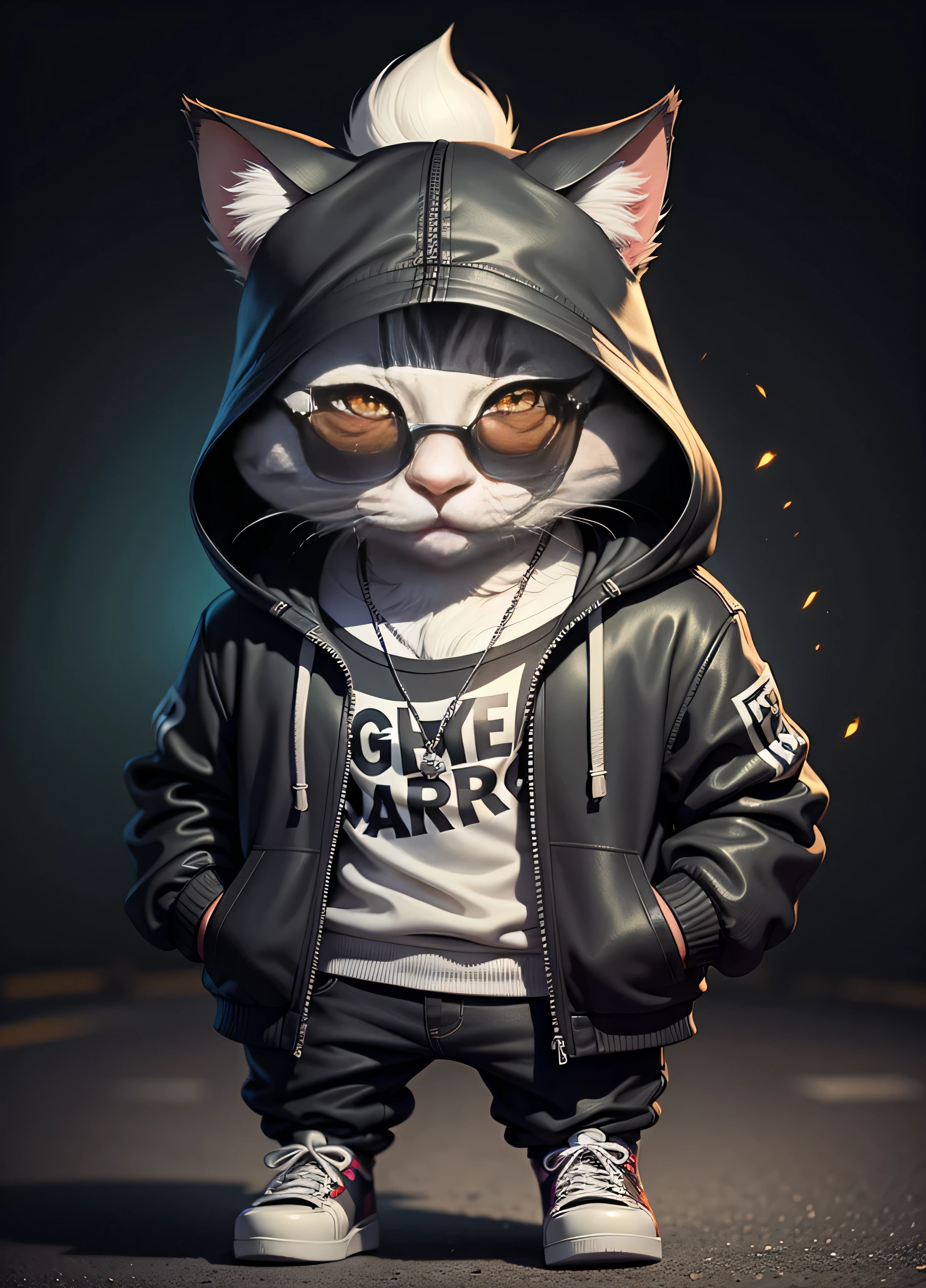 C4tt4stic, Cartoon Kizitra black and white cat in black jacket and skateboard, Sunglasses,