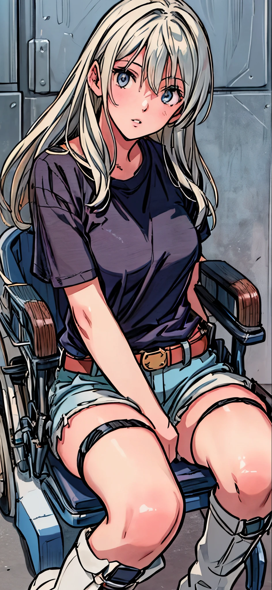 best quality, highres, and18, 1girl, android 18, solo, blonde hair, blue eyes, long hair, earrings, jewelry, denim vest, open vest, black pantyhose, black shirt, denim skirt, striped long sleeves, blue skirt, large breasts, cowboy shot, street, gagged, , bound, seated on the floor, full body view, tape gag, tape on the mouth, secured, tight knots
