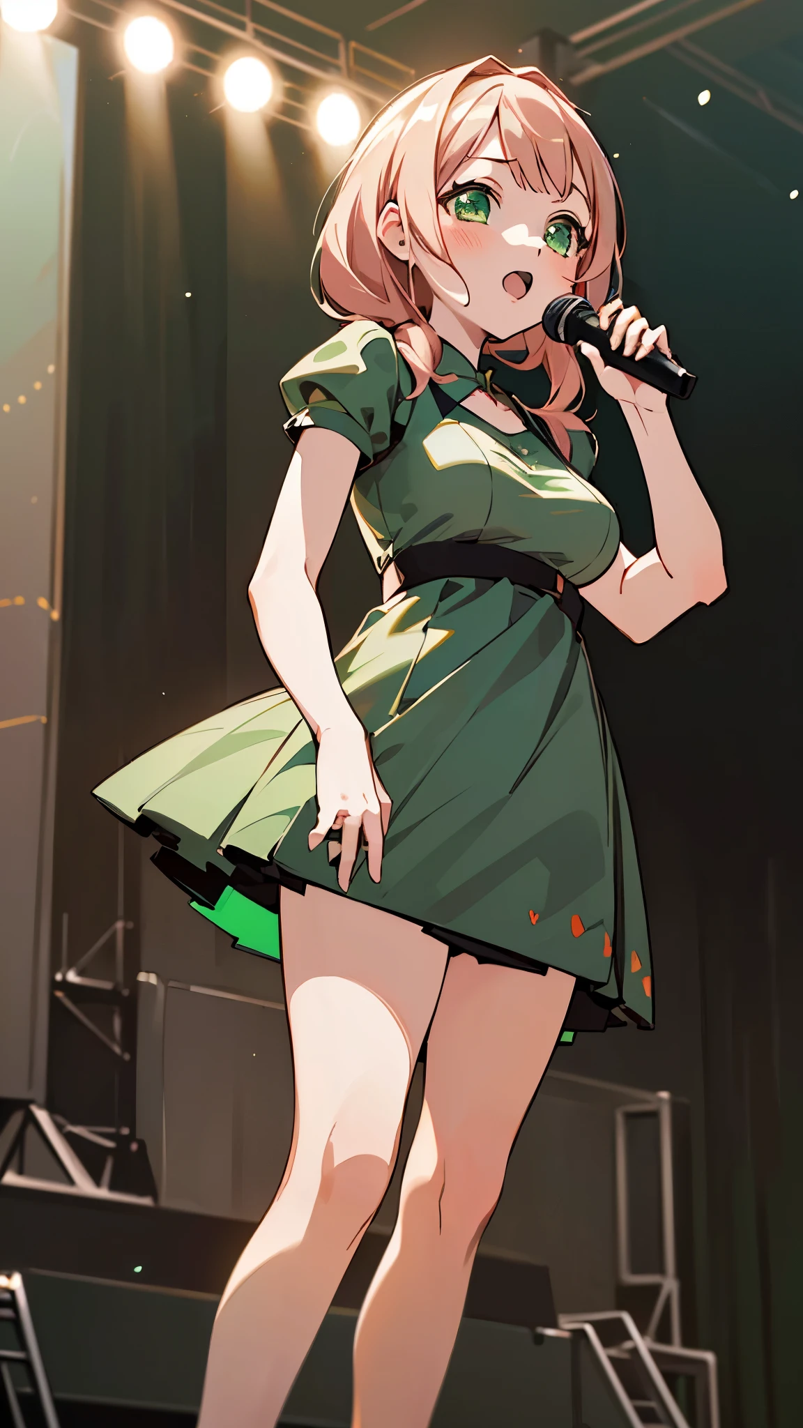 ((masterpiece, best quality)),very detailed, simple eyes, ((((outdoors,standing)))), (((green eyes))), (((medium breasts))),himari uehara, 1girl, (((kawai dress))), (((sing))), (((stage live live))), (((use microphone))),