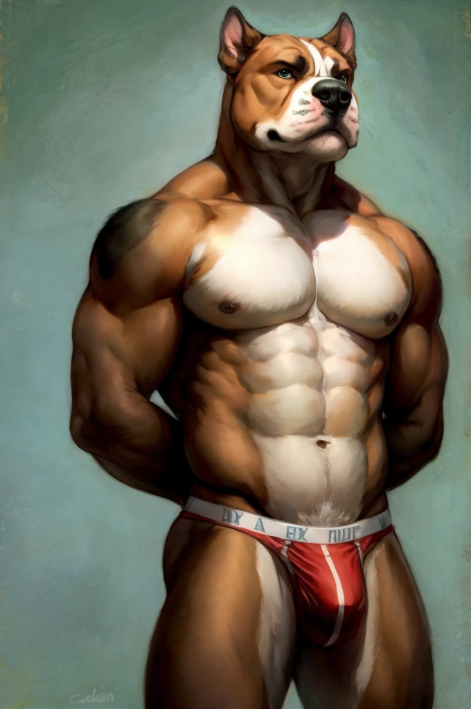 Solo, Furry, Anthro, Bulldog[, Male, E621, Standing, Hands behind back, Wearing underwear, Simple background, Front view, by Childe Hassam