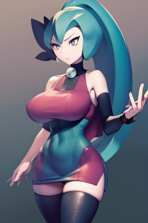 (masterpiece、top-quality:1.2)、1girl in、独奏、sabrina、huge breast, A pokémon、length hair、purple color hair、bluntbangs、red eyes、Red Sweater Dress、(white glove:1.2)、Black sash、(Black Leggings:1.1)、(body suit:1.1)、((pantyhose))、(thigh high boots)、simple background, pkmnClair, ponytail, earrings, choker, cape, blue bodysuit, blue boots, meloetta, pokemon