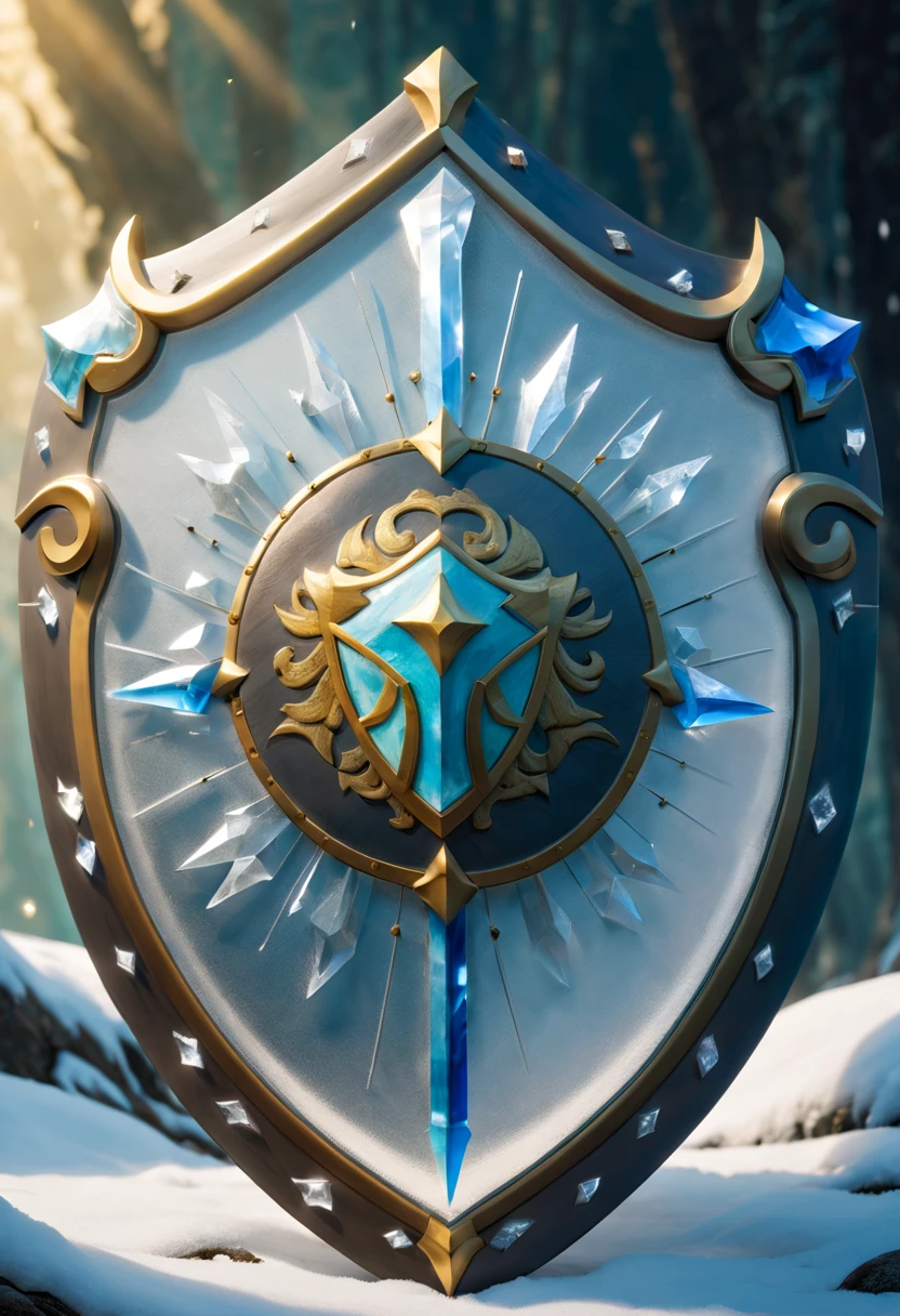 Clock_realm, shield, IvoryGoldAI, (concept art, Ghibli-like colors, Surrealism, ultra high definition, masterpiece, precise, anatomically correct, Super details, Award-winning, best quality, high resolution, 8k,The picture is bright,global illumination,high saturation) , Fantasy, Asgard, Asgardshield,北欧神话诸神的shield,Asgardshield,Made entirely of crystals and ice crystals,Transparent and white,