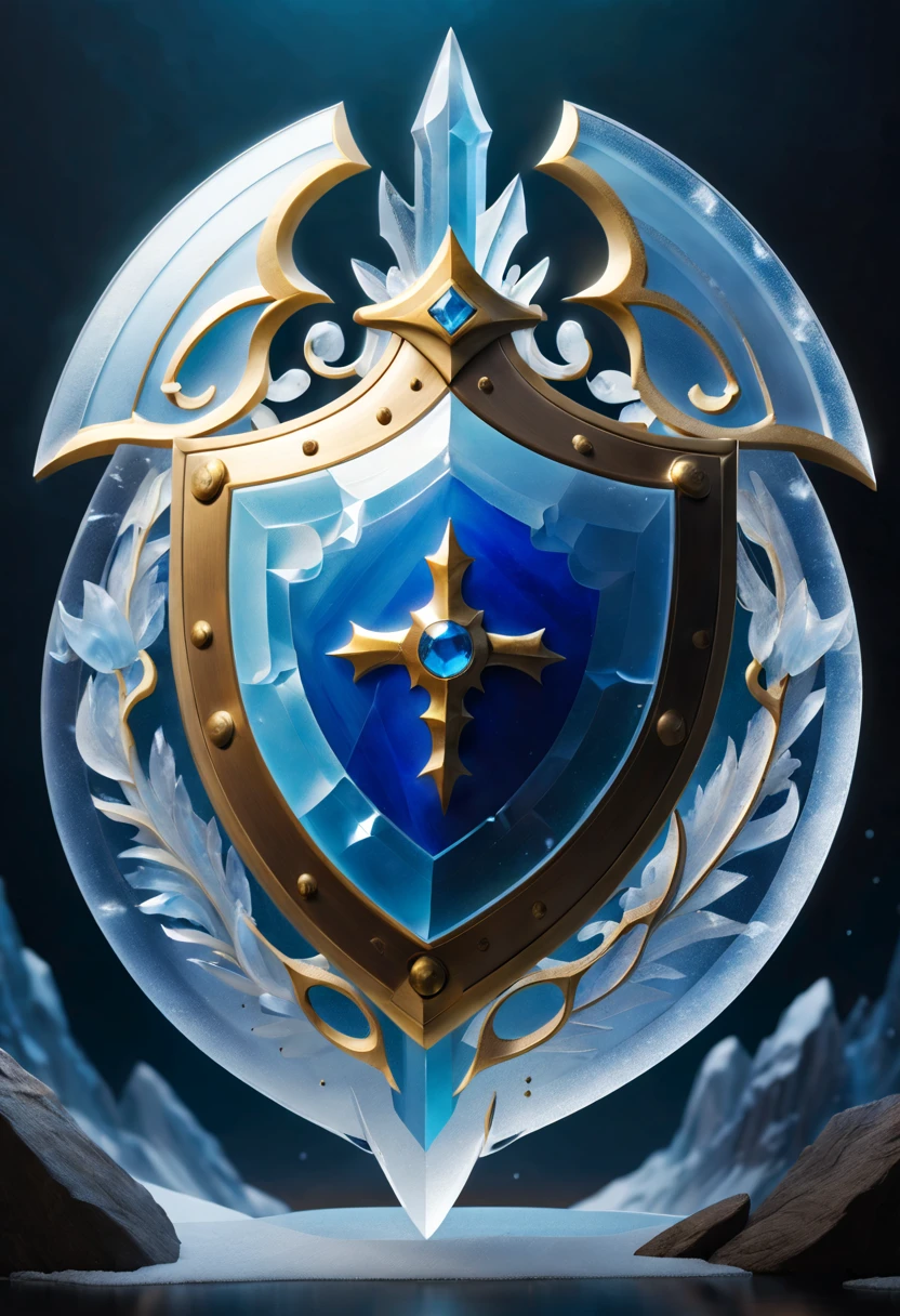 Clock_realm, shield, IvoryGoldAI, (concept art, Ghibli-like colors, Surrealism, ultra high definition, masterpiece, precise, anatomically correct, Super details, Award-winning, best quality, high resolution, 8k，The picture is bright，global illumination，high saturation） , Fantasy, Asgard, Asgardshield，北欧神话诸神的shield，Asgardshield，Made entirely of crystals and ice crystals，Transparent and white，