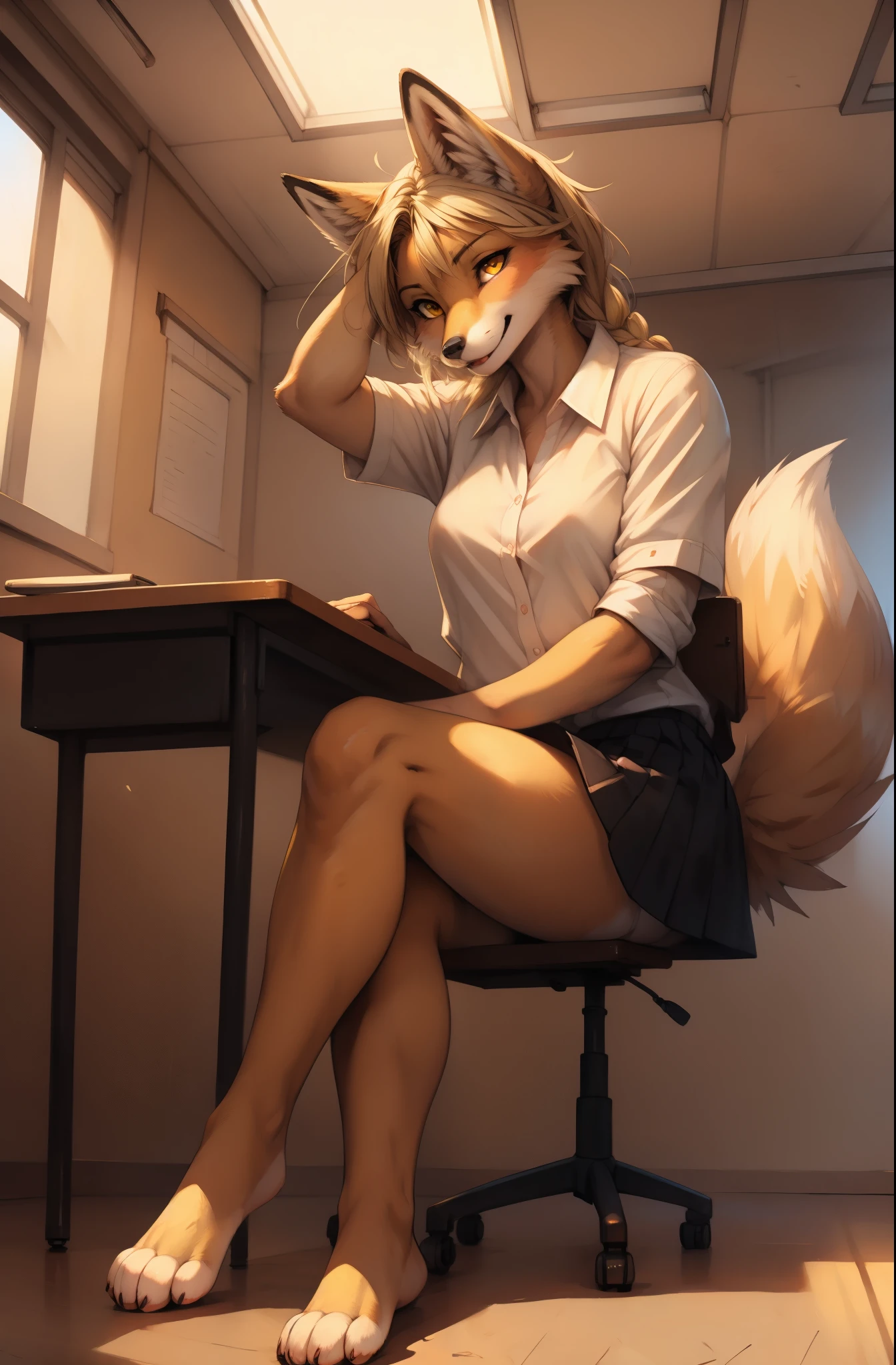 by kenket, by totesfleisch8, (by thebigslick, by silverfox5213:0.8), (by syuro:0.2), Kimiko, tan fox female, yellow eyes, tan fox ears, cute snout, fox tail, wearing school uniform in an empty classroom, sitting on a school desk, legs crossed, front view, barefoot, feet paws, 4 toes, shirt slightly unbuttoned revealing a pink bra, licking her lips
