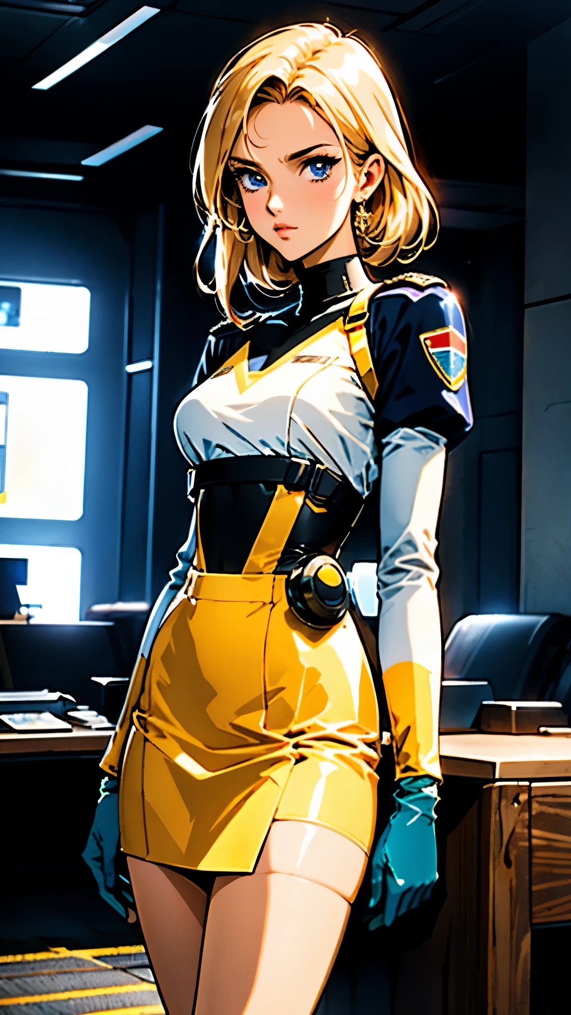 A girl with short light golden hair, a metal headband on her forehead, an icy gaze, a detached expression, a smooth and exquisite facial appearance, a sci-fi military uniform, white as the main color, complemented by blue and yellow accents, short sleeves, gloves, short skirt integrated with the outfit, dark fitted pants, knee-high military boots, standing in a futuristic sci-fi-styled room, Surrounded by AR virtual interfaces, this character embodies a finely crafted a futuristic sci-fi female officer in anime style, exquisite and mature manga art style, high definition, best quality, highres, ultra-detailed, ultra-fine painting, extremely delicate, professional, anatomically correct, symmetrical face, extremely detailed eyes and face, high quality eyes, creativity, RAW photo, UHD, 8k, Natural light, cinematic lighting, masterpiece-anatomy-perfect, masterpiece:1.5