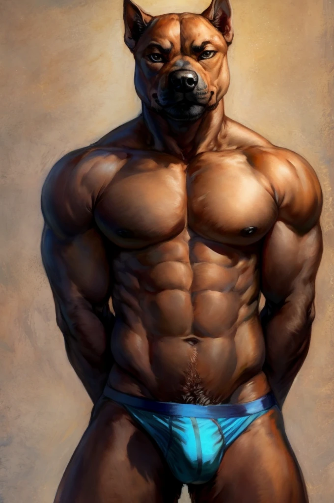 Solo, Furry, Anthro, American Bully, Male, E621, Standing, Hands behind back, Wearing underwear, Simple background, Front view, by Childe Hassam
