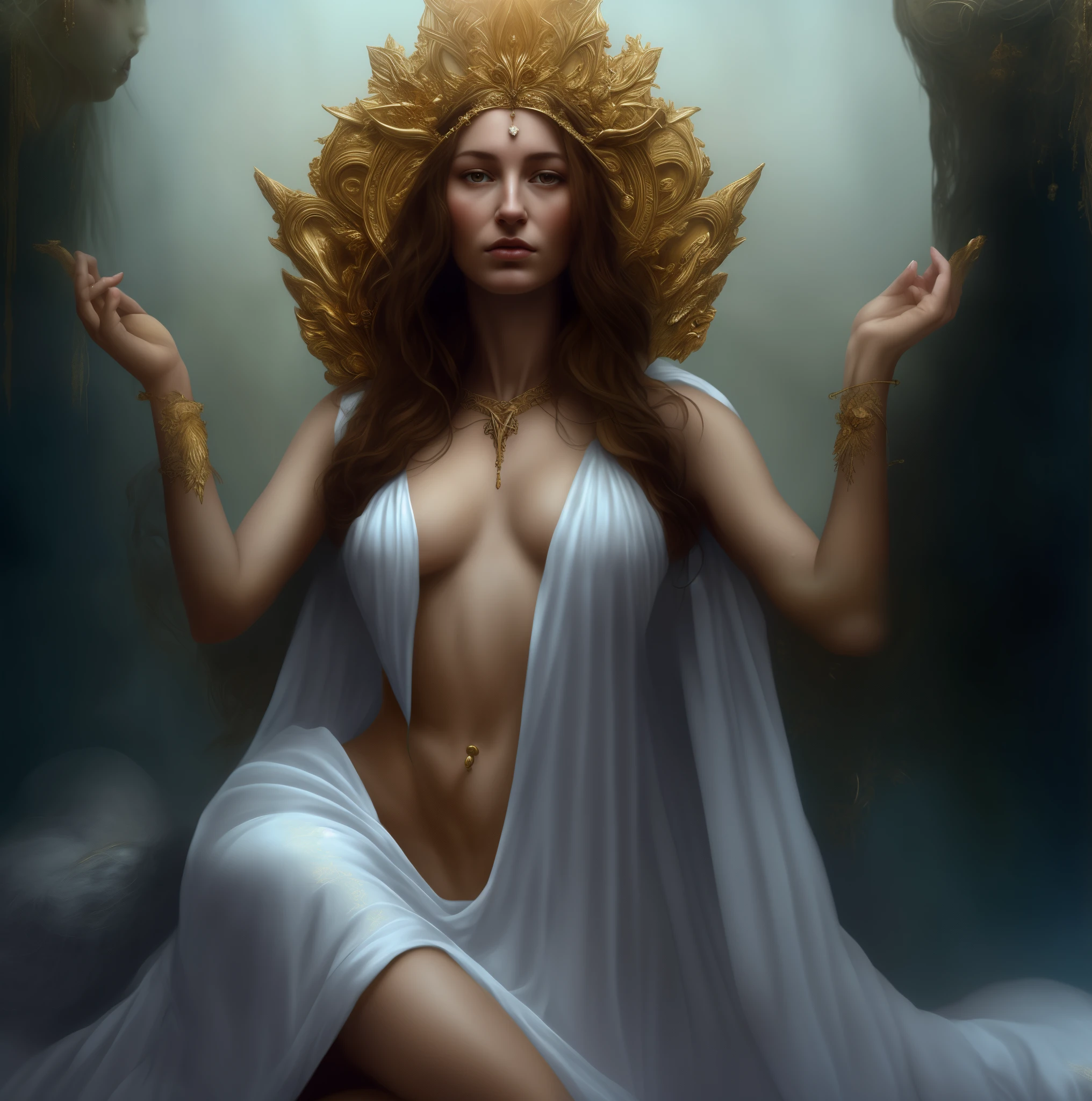 arafed woman in a white dress sitting on a bed with a gold crown, beautiful goddess, goddess. extremely high detail, a stunning portrait of a goddess, extremely detailed goddess shot, portrait of a beautiful goddess, high priestess, divine goddess, goddess portrait, goddess art, pagan goddess, karol bak uhd, earth goddess mythology, priestess