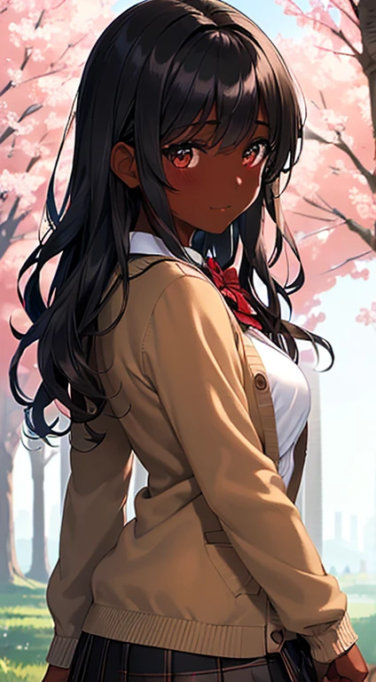((desktop, best quality, high quality, art, high resolution, nffsw, detailed, pixel perfect, perfect, detailed, absurd, ultra 8K HD, nffsw, nffsw))), 1 dark skinned woman, black girl,high quality,beautiful black girl, single, alone, beauty、full body seen、((medium wavy hair, bangs, bright olive skin, black hair, dark skin)), ((brown eyes, beautiful eyelashes, olive skin, realistic eyes)), ((detailed face , blush: 1.2)), ((soft texture: 0.75, realistic texture: 0.65, photorealistic: 1.1, CG anime style)), medium breasts, dynamic angle, beautiful and perfect body, (( red bow tie, school uniform, black jacket , open jacket, brown cardigan, white shirt, black skirt, plaid skirts)), in a park with trees and flowers、Looking at the viewer、Very embarrassing panic smile,wallpaper, I turned around、leaning forward、(The wind blew my skirt and exposed my butt. ........ . .. .. ... ..、Touch the buttocks with both hands、White panties) 、