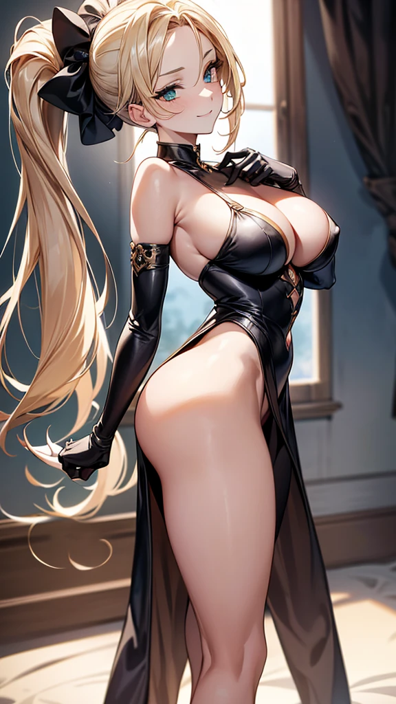 ((masterpiece, best quality, extremely detailed, absurdres)), ((high resolution)) ,((8k)), a beautiful woman, ((She is one of the most female thief.)), unparalleled beauty, ((large breasts:1.3)), ((large ass:1.1)), ((deep cleavage)), slim waist, chest out, ((ultra detailed face)), perfect skin, ((((waist length hair, blonde with side ponytail)))), green eyes, whole body image, sexy, an inviting smile, (((anime))), ((glamorous)), sexual attraction ,23 years old, ((incredibly beautiful woman)), ((((provocative)))), ((The G cup bust)), ((((sexy pose)))), ((neat and clean.)), ((((female thief)))), ((magic light)), Secret meeting, (((no wear a hat, no wear a cap))), ((no head accessory)), anime:1.2, gravure pose, bondage armor, mysterious,