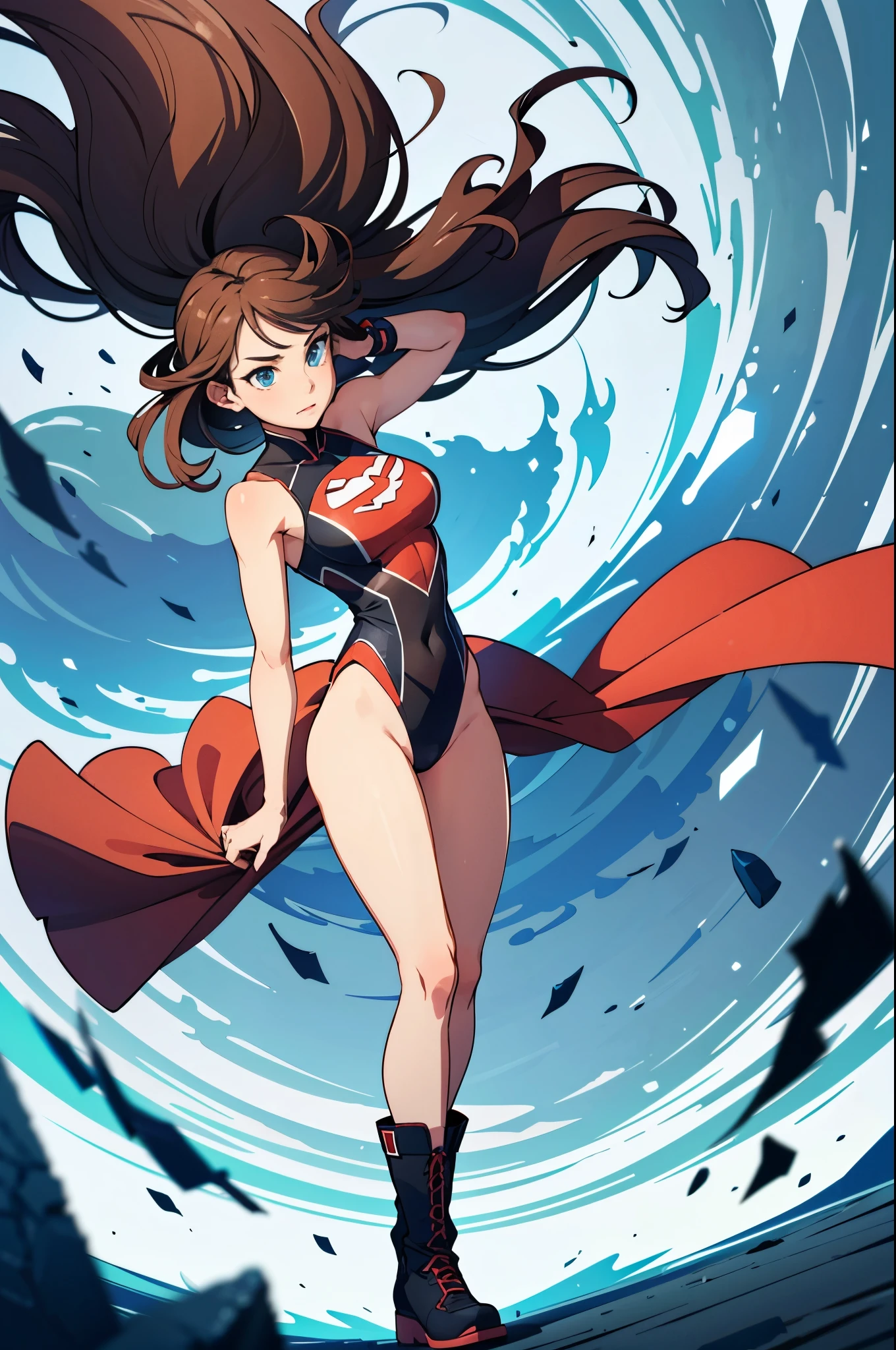 1girl, solo focus, superhero, leotard, highleg leotard, sleeveless, bare legs, boots, spinning her body in rapid speed like a tornado, wind swirls, rapid gyration, tornado spinning girl, tornado spin, turning to a whirlwind, ultra highres, absurdres, beautiful face, detailed eyes, symmetric eyes, tornado winds, straight legs, tornado swirls, tornado, super spin