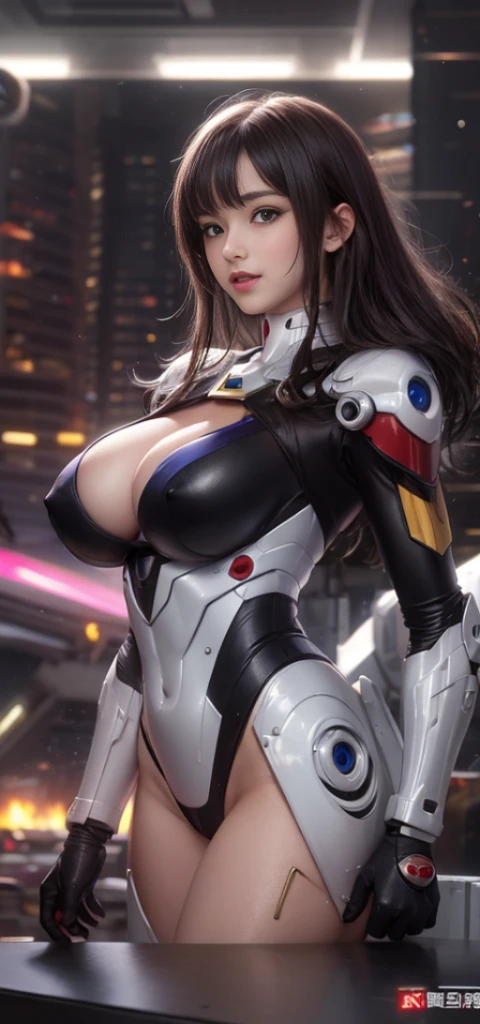 (highest quality), (masterpiece),beautiful girl、rocket boobs， Personification of Mobile Suit Gundam F91, Great highlights of the upper body, Powerful Mechs, beaムライフルを持つbeautiful girl, baby face, Nose and chin are not noticeable, Neat smile, medium hair, sagging eyes, moist wet rather thick thighs,,,,,,,,,,,, attractive waist, No panties, loincloth, Absolute area,sexy，Gundam style cosplay，Mecha armor type micro bikini、（red、bea、white、Gundam color micro bikini）