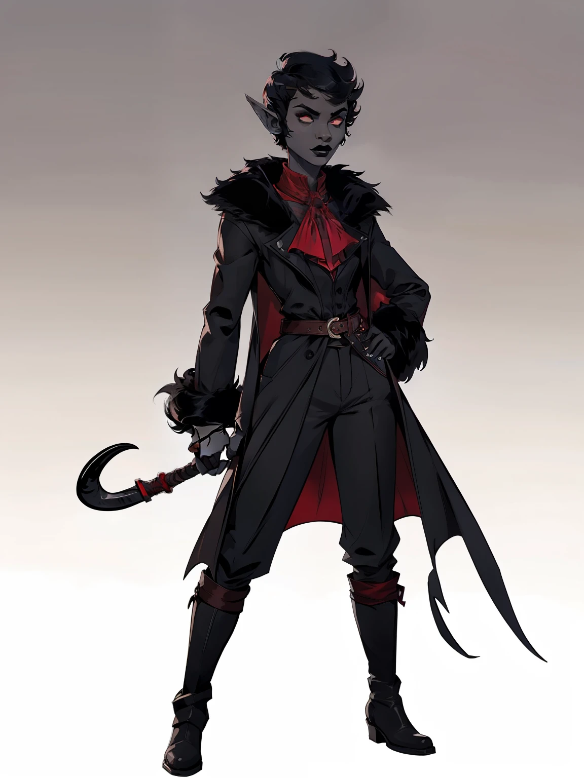 vector, full body portrait, 1girl, short hair, pixie cut, combed hair, forehead, drow, (gray skin), black lipstick, fur coat, red high-collared shirt, ascot, high collar, red undercoat, pants, solo, blank background, white background, outside, gothic fantasy art, long ears, pointy ears, high laced boots, bullwhip, flat-chested, riding crop strap, whip, hands on hips