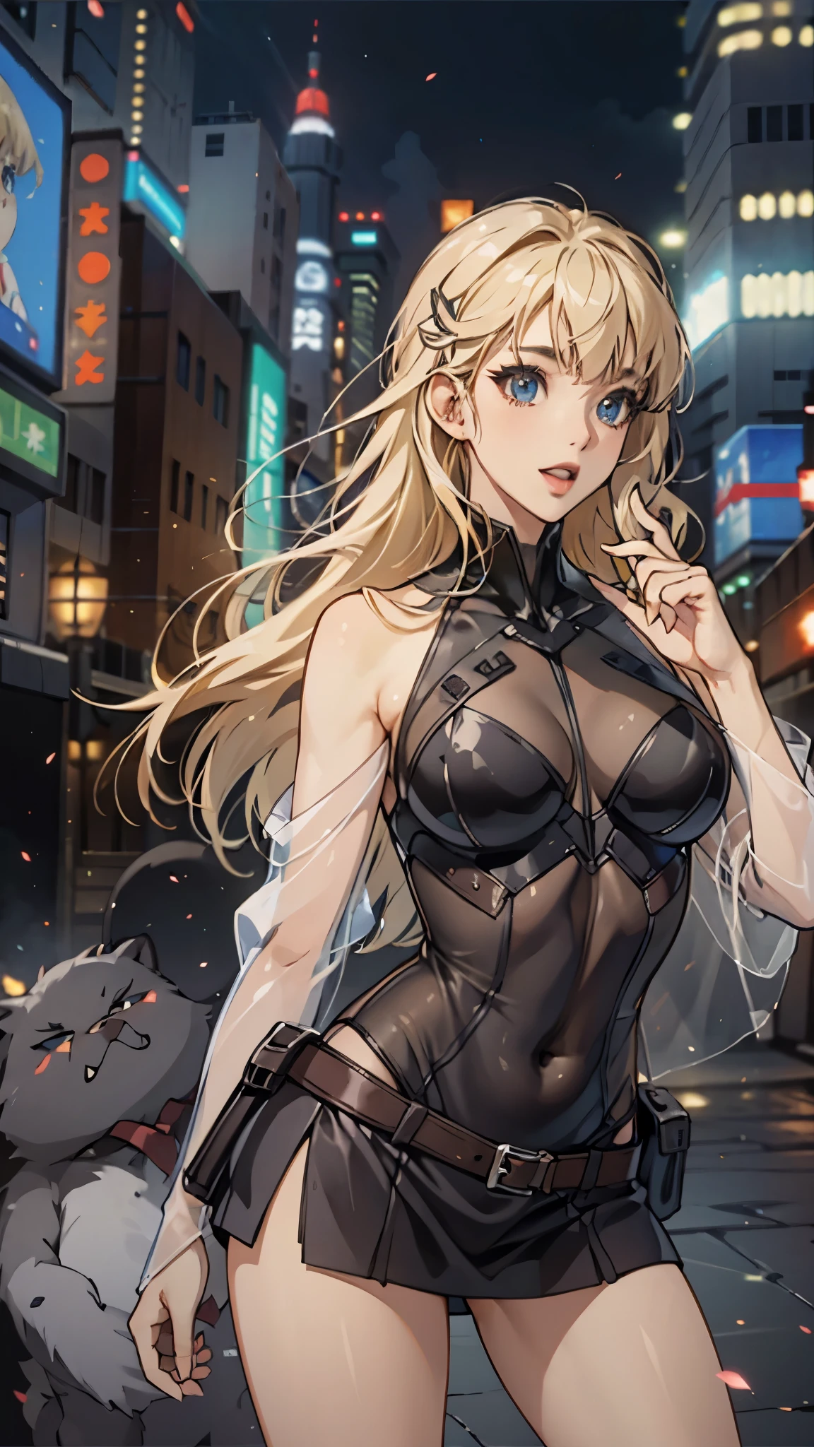 woman,20-year-old,,city,night,((white tight miniskirt bodysuit)),(Harada Makoto),open mouth smile,(((See-through))),((blonde)),long hair