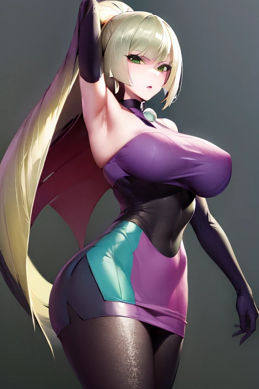 (masterpiece、top-quality:1.2)、1girl in、独奏、sabrina、huge breast, A pokémon、length hair、purple color hair、bluntbangs、red eyes、Red Sweater Dress、(white glove:1.2)、Black sash、(Black Leggings:1.1)、(body suit:1.1)、((pantyhose))、(thigh high boots)、simple background, pkmnClair, ponytail, earrings, choker, cape, blue bodysuit, blue boots, pokemonlusamine, blonde hair, (green eyes:1.5), hair over one eye, long hair, multicolored hair, streaked hair, very long hair, bare arms, diamond (shape), dress, gem, green gemstone, leggings, short dress, sleeveless, sleeveless dress, white dress, white leggings,