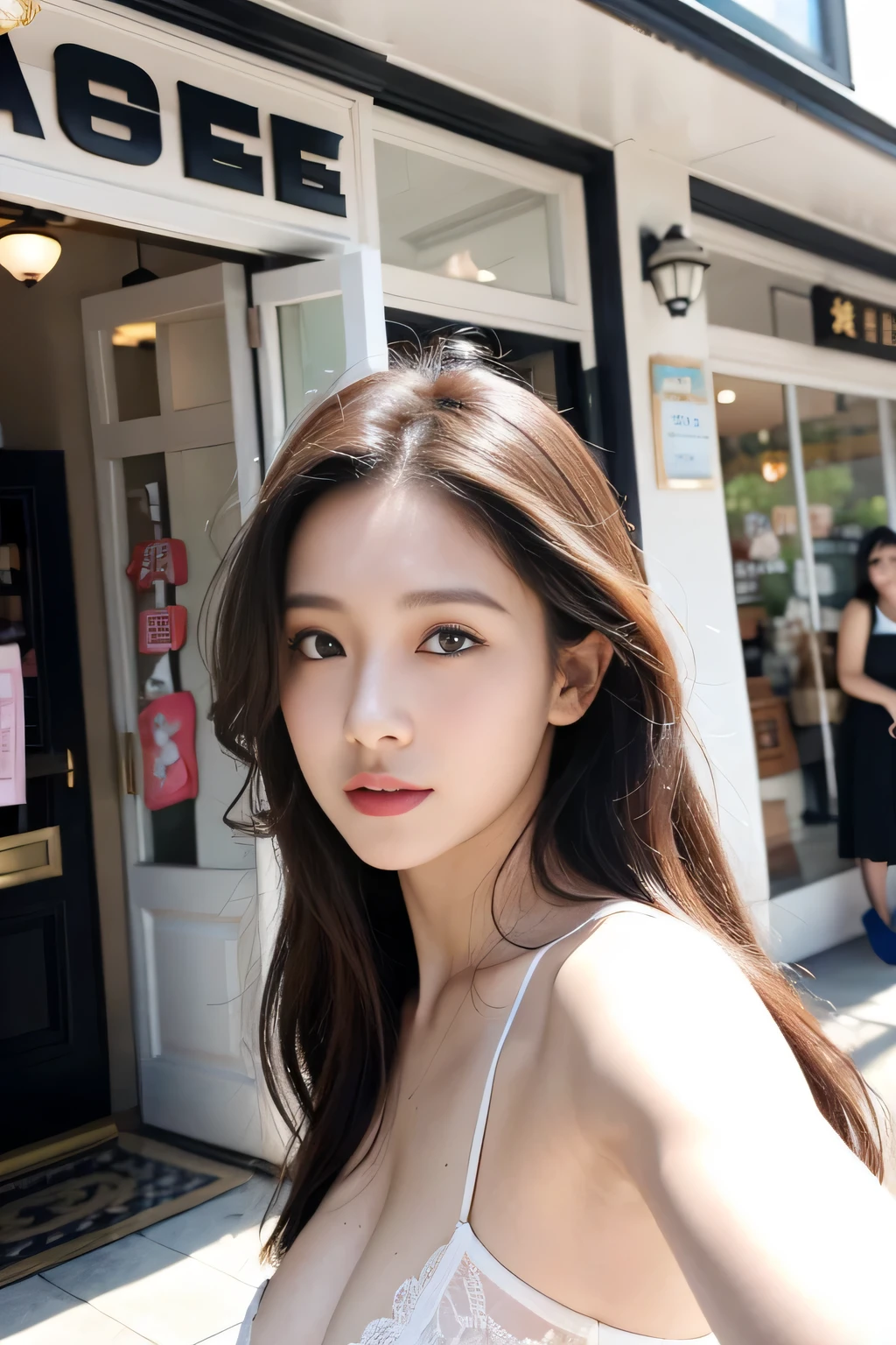 A 26-year-old woman takes a selfie in front of a store.、huge boobs、beautiful face、from various angles、Various expressions