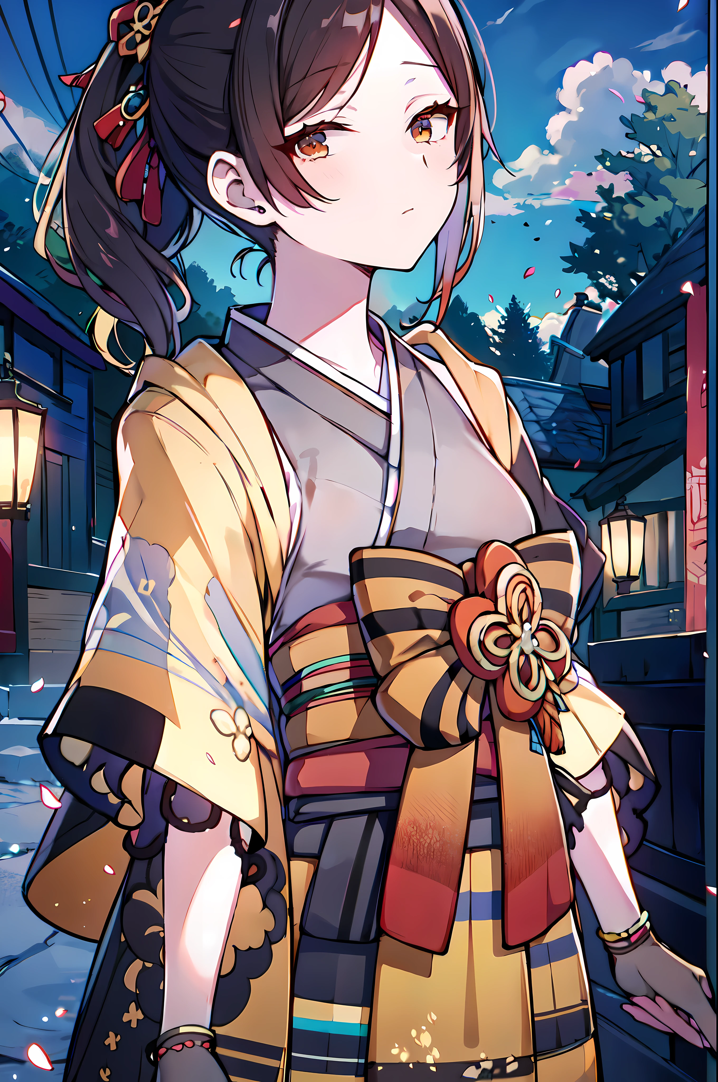 detailed, (masterpiece:1.2), (pale_skin), (solo:1.2), (female), (emphasis lines:1.3), slender, (brunette), outdoors, sky, brown_eyes, bracelets, (averting_eyes:1.3), (kimono), park, trees, gloves, ponytail